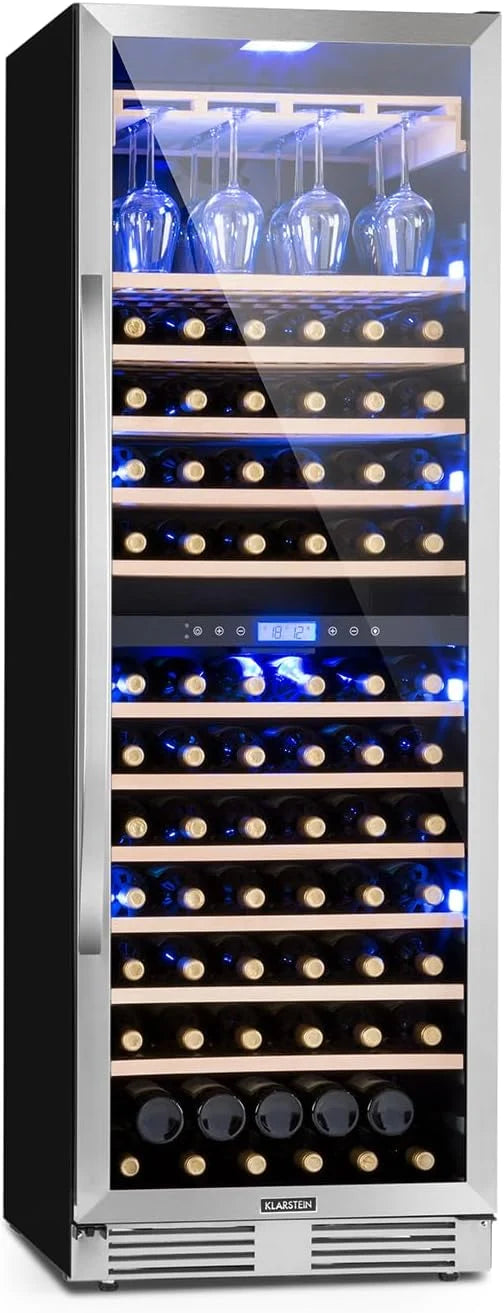 Klarstein Vinovilla Chłodziarka do wina do zabudowy, 433 l, dwustrefowa, na wino, prosecco i piwo, szklane drzwi, ochrona UV, panel dotykowy, 47 dB, 165 butelek
