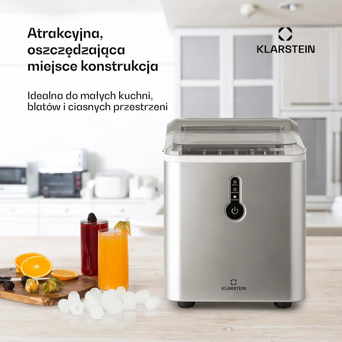 Klarstein Kostkarka do lodu Mała, 1,5L wytwornica lodu, Kostkarka do dużych kostek Szybka mini Łatwe czyszczenie, Wytwornica 12kg dziennie