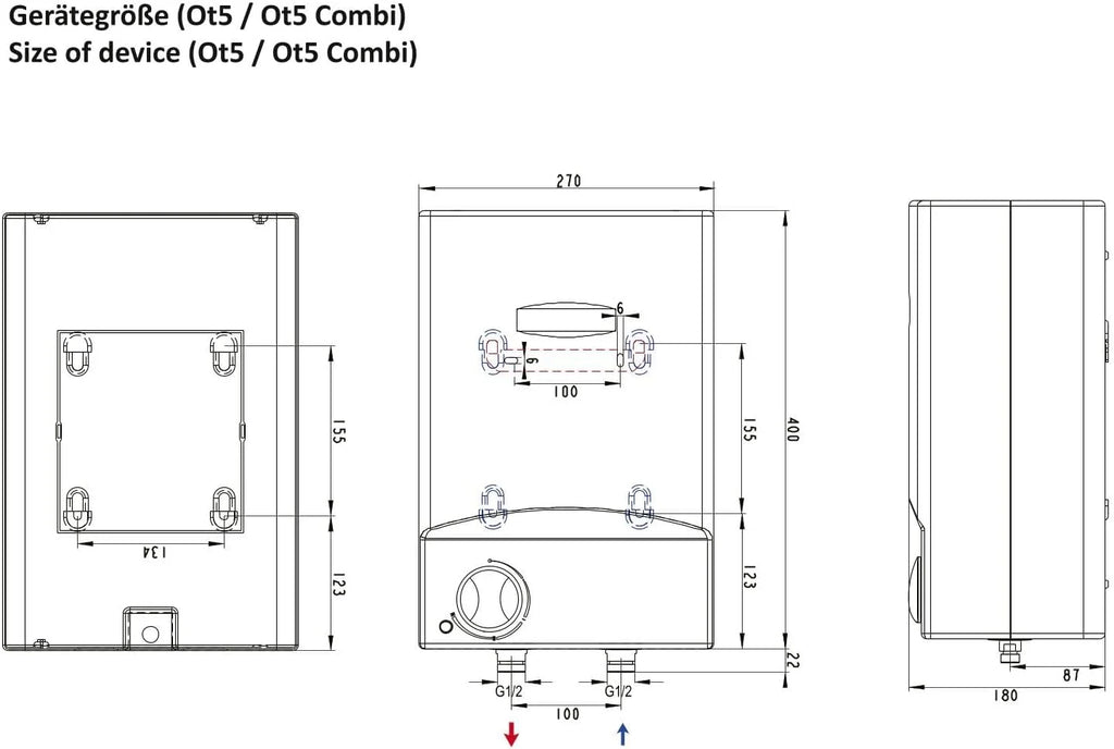 Thermoflow OT 5 Combi zbiornik na stół górny z armaturą niskociśnieniową | bojler ciepłej wody 5 l | elektryczny bojler ciepłej wody G 1/2" przyłącze | 35-75 °C | 65 °C w 10 min.