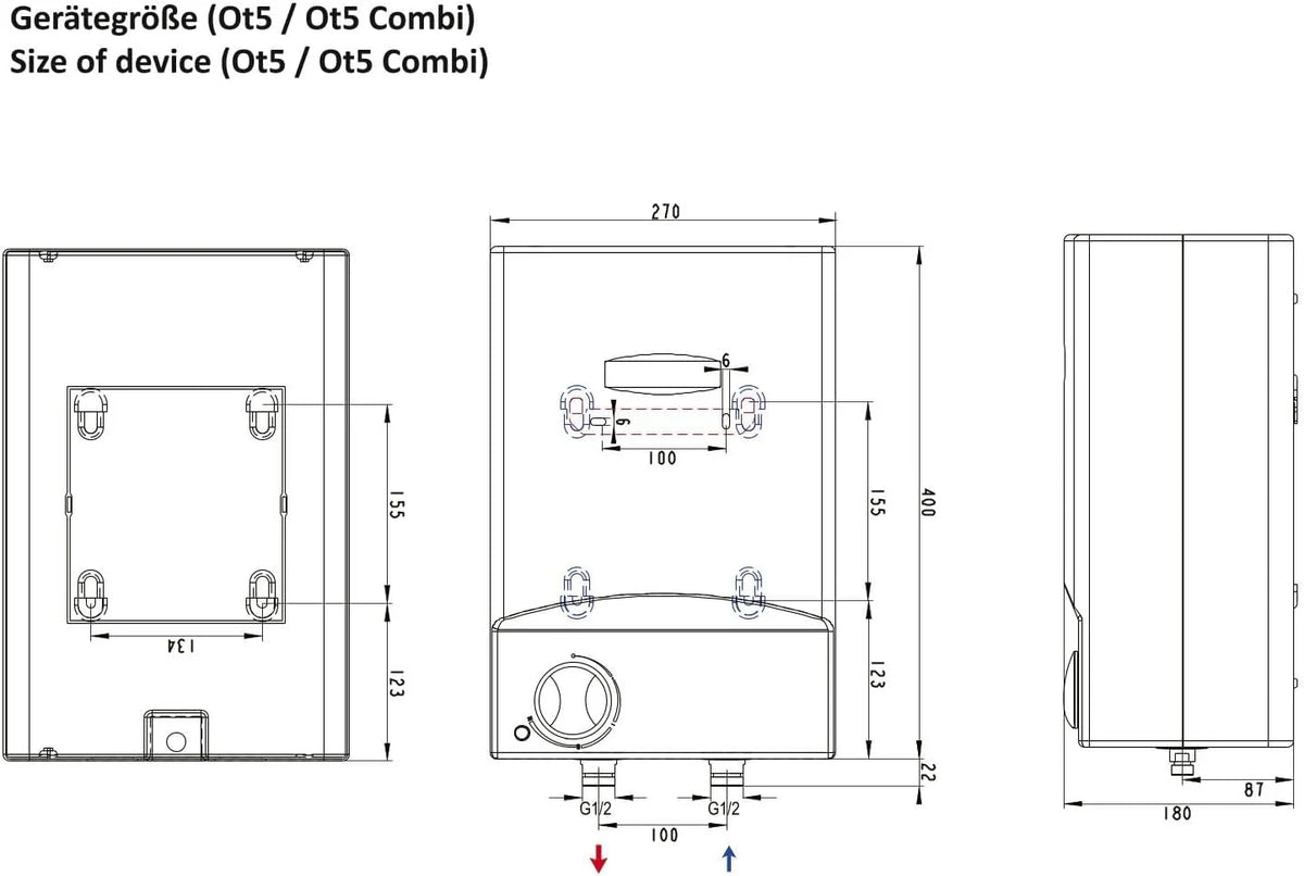 Thermoflow OT 5 Combi zbiornik na stół górny z armaturą niskociśnieniową | bojler ciepłej wody 5 l | elektryczny bojler ciepłej wody G 1/2" przyłącze | 35-75 °C | 65 °C w 10 min.