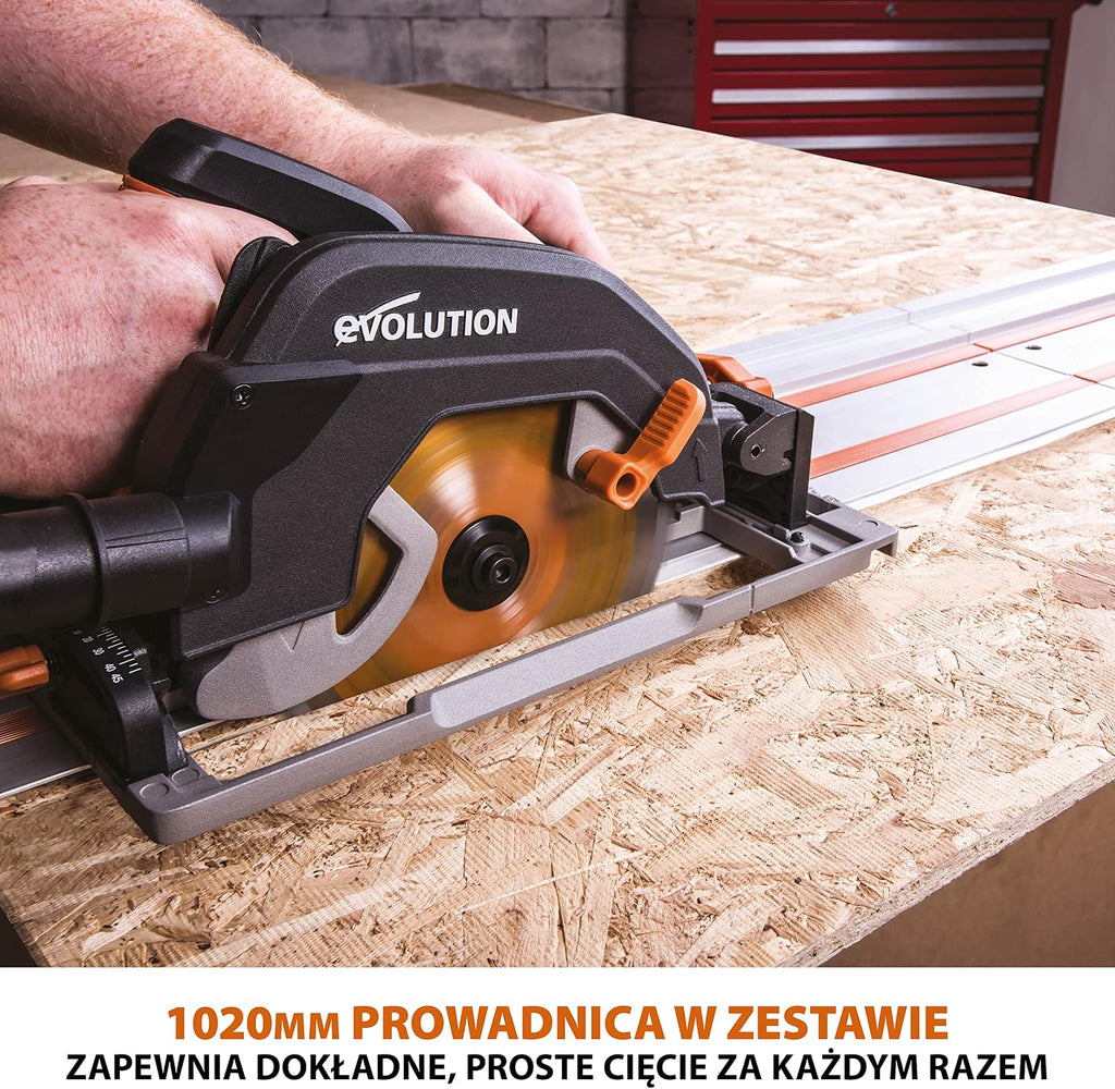 Evolution Power Tools R185CCSX Piła tarczowa i prowadnica do różnych materiałów, tnie drewno, drewno z gwoździami metal stal aluminium plastik, opcja odchylenia, w zestawie prowadnica 1020 mm, 185 mm