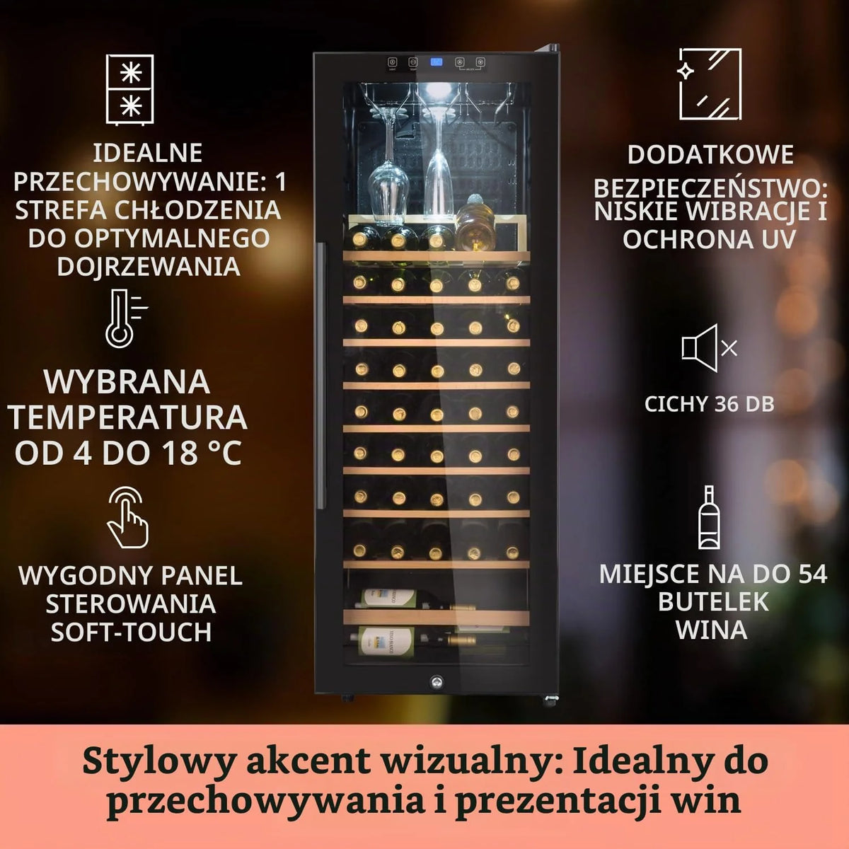 Klarstein Piwnica na wino, 54 butelki, piwnica do serwowania ze zdejmowanymi drewnianymi półkami, szklane drzwi, sterowanie dotykowe, wyświetlacz LCD, oświetlenie wewnętrzne, temperatura 5-18°C
