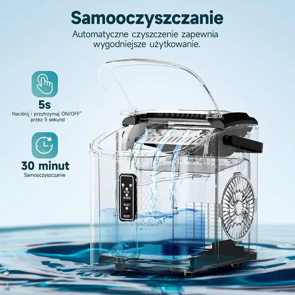 EUHOMY Mała kostkarka do lodu EUHOMY, 9 kostek w 6 minut, 12 kg/dzień, samoczyszcząca, przenośna kostkarka do lodu z uchwytem, koszykiem i łyżką, 2 rozmiary kostek lodu do domu, kuchni i biura