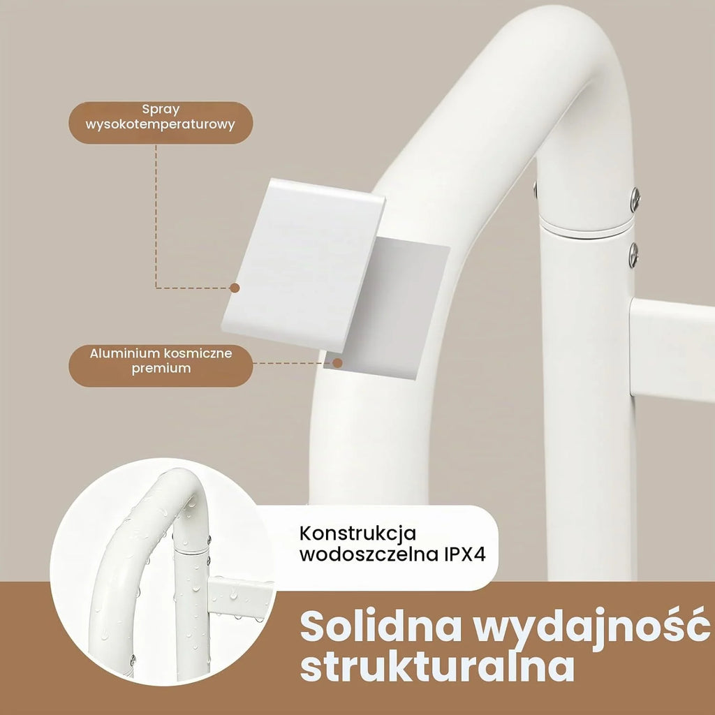 Elektryczny grzejnik na ręczniki, wieszak na ręczniki, bez wiercenia, timer 1-24 h, 45-60 °C, 180 W, biały, dwupoziomowy, wolnostojący ogrzewacz na ręczniki do łazienki do 30 kg, 60 x 43 x 90,5