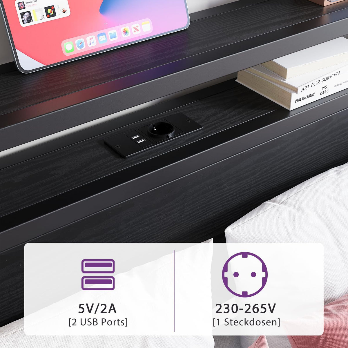 HOJINLINERO 140 x 200 cm, z przechowywaniem, stelażem, ładowaniem USB i LED, nowoczesne