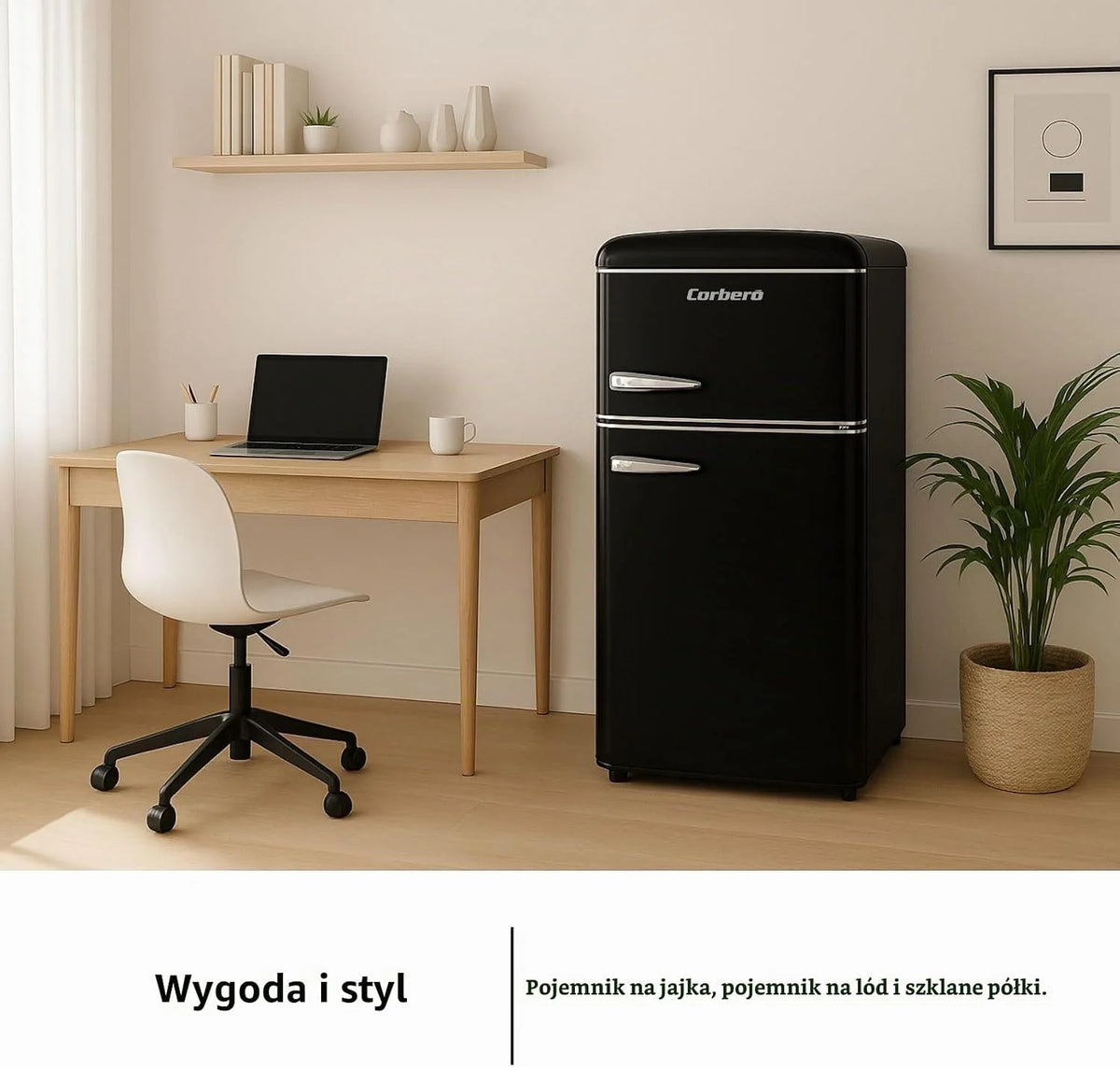 Corberó CF2PG90RN lodówka statyczna retro, 35 x 48 x 51 cm, pojemność 86 l, zamrażarka 26 l, 37 dB oświetlenie wewnętrzne, szklane półki, nogi poziomujące, czarna