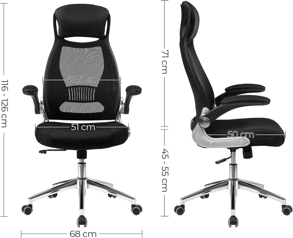 SONGMICS fotel biurowy, ergonomiczny z siatki, odchylane podłokietniki