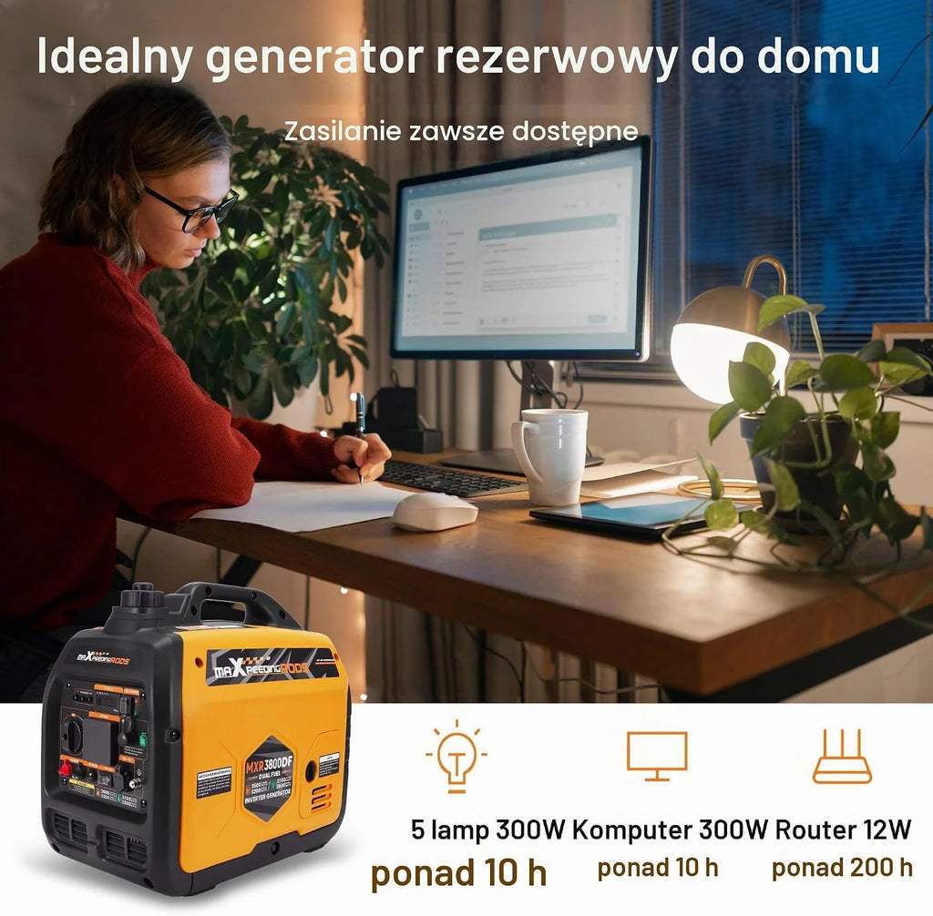 maXpeedingrods 3500 W LPG/benzynowy, inwertorowy generator prądu, generator prądu Dual Fuel, awaryjny agregat prądotwórczy z gniazdem 230 V/16 A; 2 x porty USB na kemping, podróż, do aktywności na