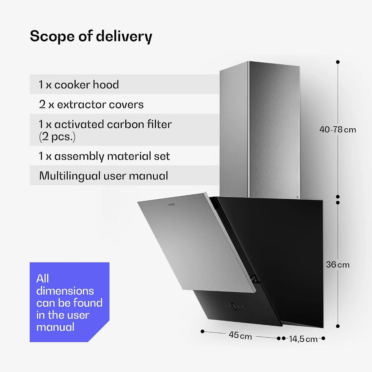 Klarstein Okap kuchenny, Verosteel 45 cm – okap skośny, 624 m³/h, energooszczędny A++, dotykowy, LED, cichy, ze stali nierdzewnej i szkła, filtr przystosowany do mycia w zmywarce