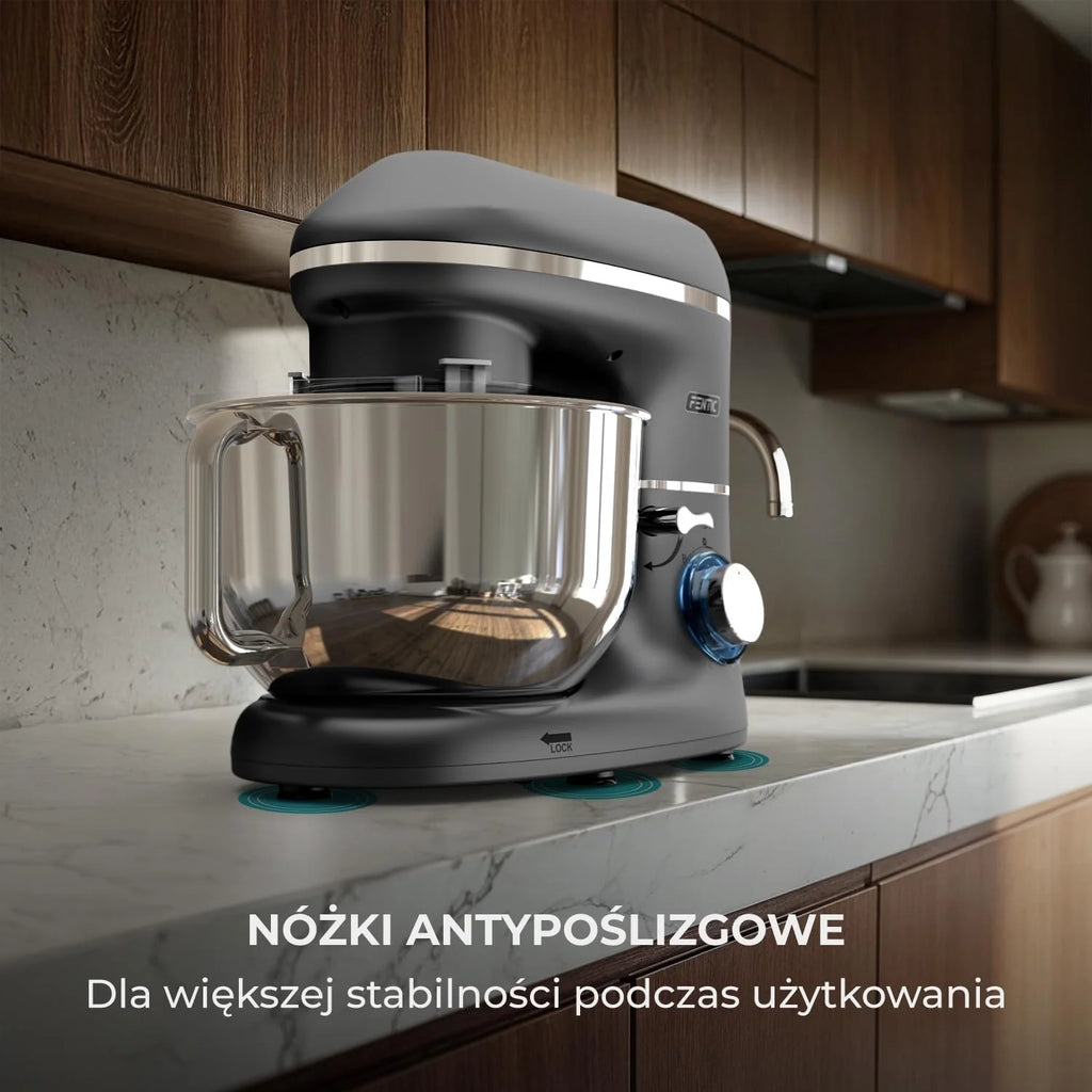 Robot kuchenny - 2000 W - miska do mieszania ze stali nierdzewnej (6,2 l) - mikser kuchenny z mieszania, hakiem do zagniatania, trzepaczką i ochroną przed pryskaniem - w zestawie