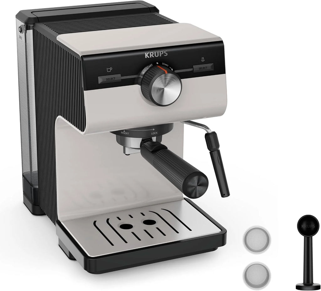 KRUPS XP381B10 Authentic ekspres do kawy, 15 bar, intuicyjna obsługa, system Thermoblock, zintegrowana dysza parowa, łatwe opróżnianie kolby, zbiornik na wodę 2 l, w zestawie filtry, szary/kremowy
