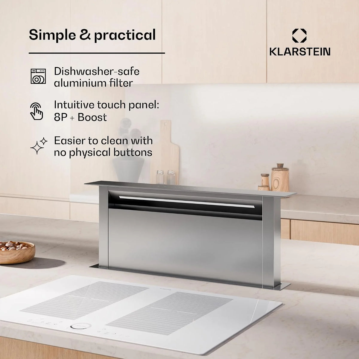 Klarstein Royal Flush Eco 75 Downdraft Okap kuchenny - Klasa energetyczna A++, Przepływ 604 m³/h, Panel dotykowy, Światło LED, Stal nierdzewna, Do wysp i kuchni, Cichy 52 dB