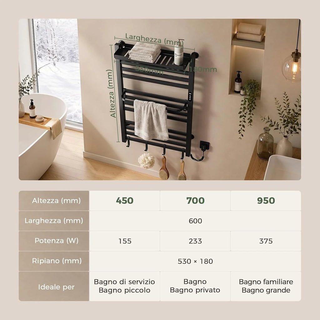 Grzejnik łazienkowy elektryczny z półką 700 × 600 mm233 W Czarny