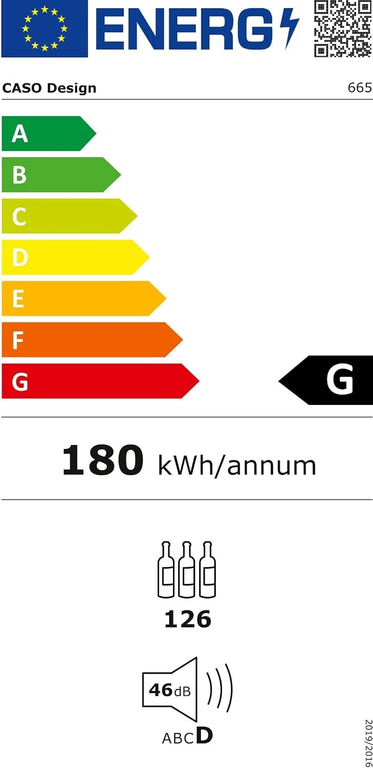 CASO WineComfort 126 designerska lodówka na wino na 126 butelek (do 310 mm wysokości), dwie strefy temperatury 5-20°C, lodówka na napoje, klasa energetyczna B