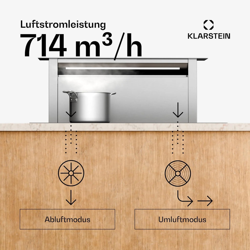 Klarstein Royal Flush Eco 75 Downdraft Okap kuchenny - Klasa energetyczna A++, Przepływ 604 m³/h, Panel dotykowy, Światło LED, Stal nierdzewna, Do wysp i kuchni, Cichy 52 dB