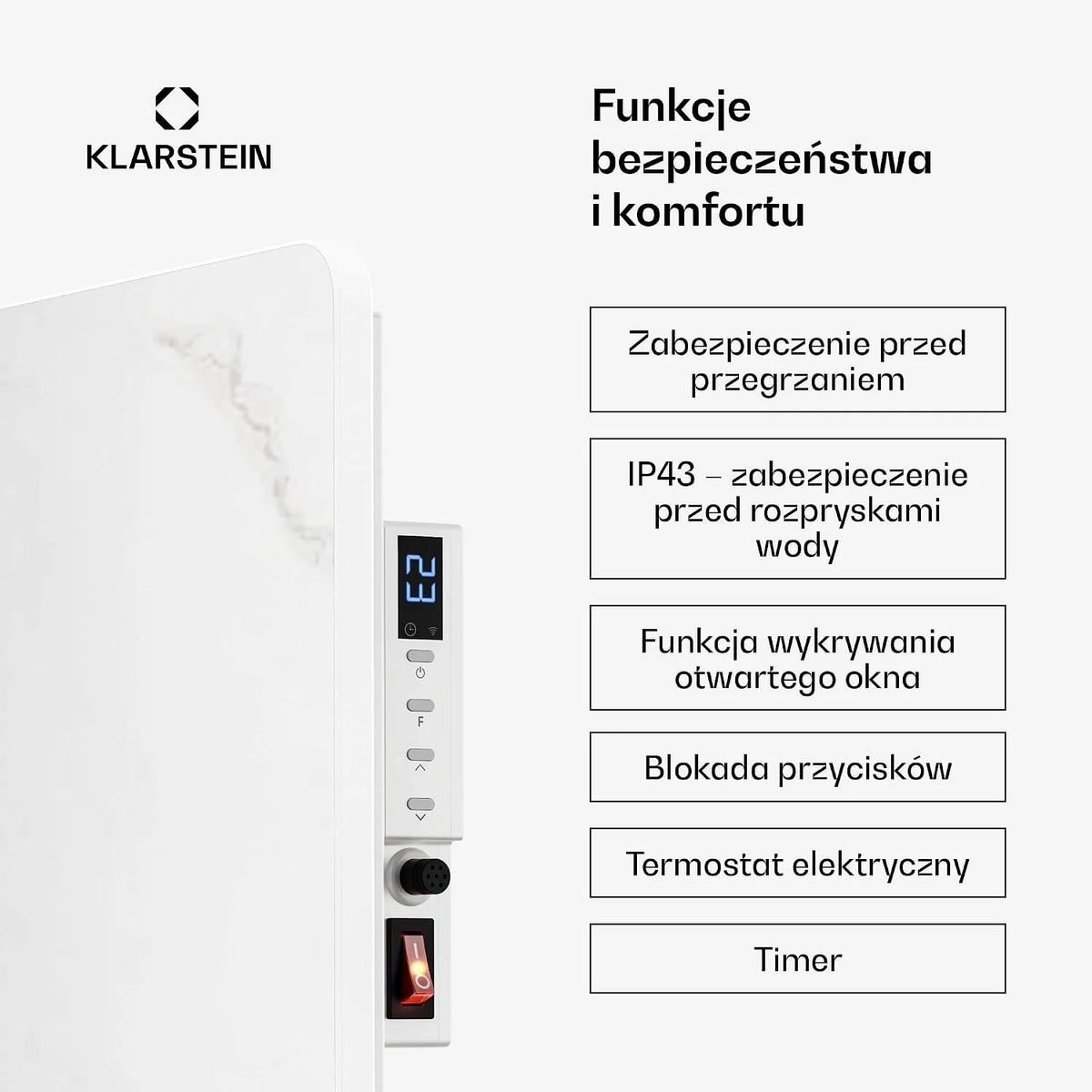 Klarstein Ogrzewanie na podczerwień 600 W – montaż na ścianie i urządzenie stojące, termostat, sterowanie aplikacją, wygląd marmuru, IP43, ochrona przed przegrzaniem, do łazienki i salonu, elektryczne