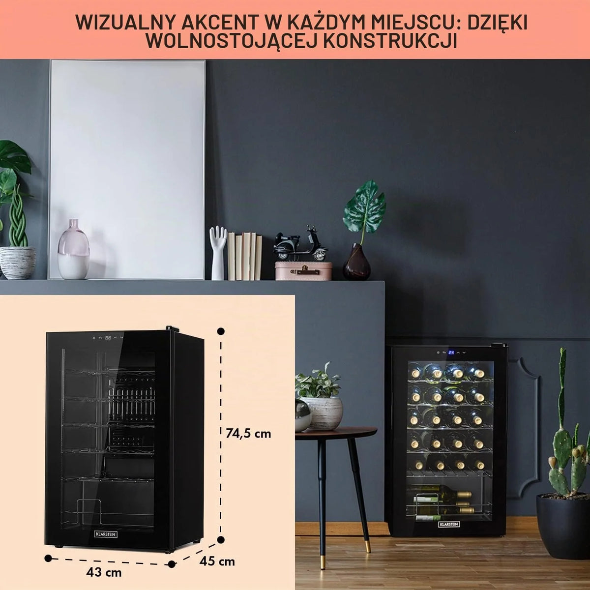 Klarstein Shiraz, chłodziarka do wina - mini lodówka, lodówka do wina, winiarka, kompaktowa chłodziarka na wino, przejrzysty dotykowy panel, led oświetlenie wnętrza, kolor czarny, wariant: 67l, 20 butelek