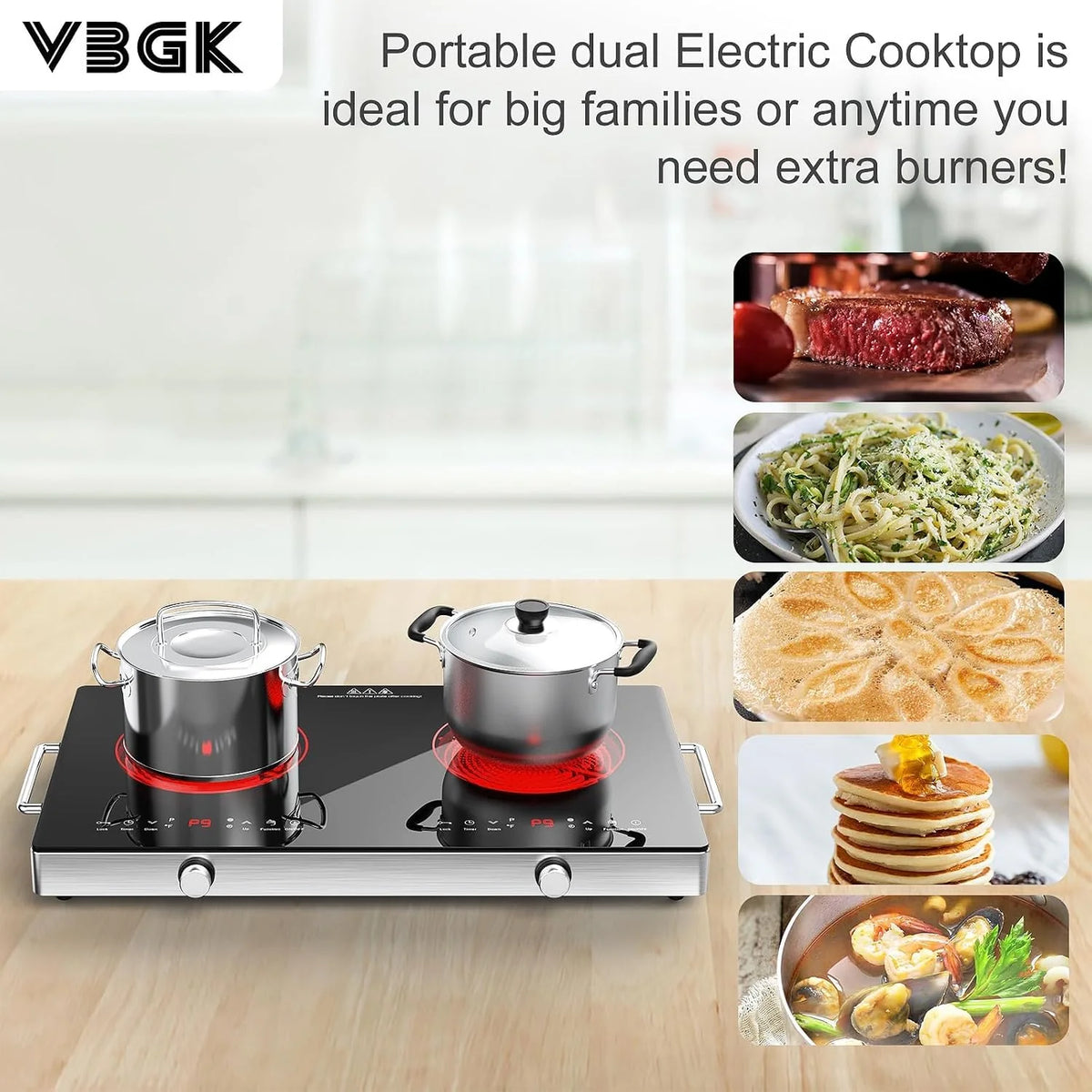 VBGK Płyta grzewcza ze szkła ceramicznego, 220 V, 3520 W, płyta kuchenna ze sterowaniem pokrętłem, 9 poziomów mocy, zabezpieczenie przed dziećmi i timer, obsługa dotykowa LED, zabezpieczenie przed