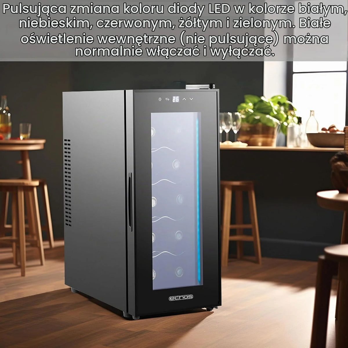 Echos Lodówka na wino, na 10 butelek, 28 l, oświetlenie LED, chłodziarka do wina, mini lodówka na wino, mini bar ze szklanymi drzwiczkami