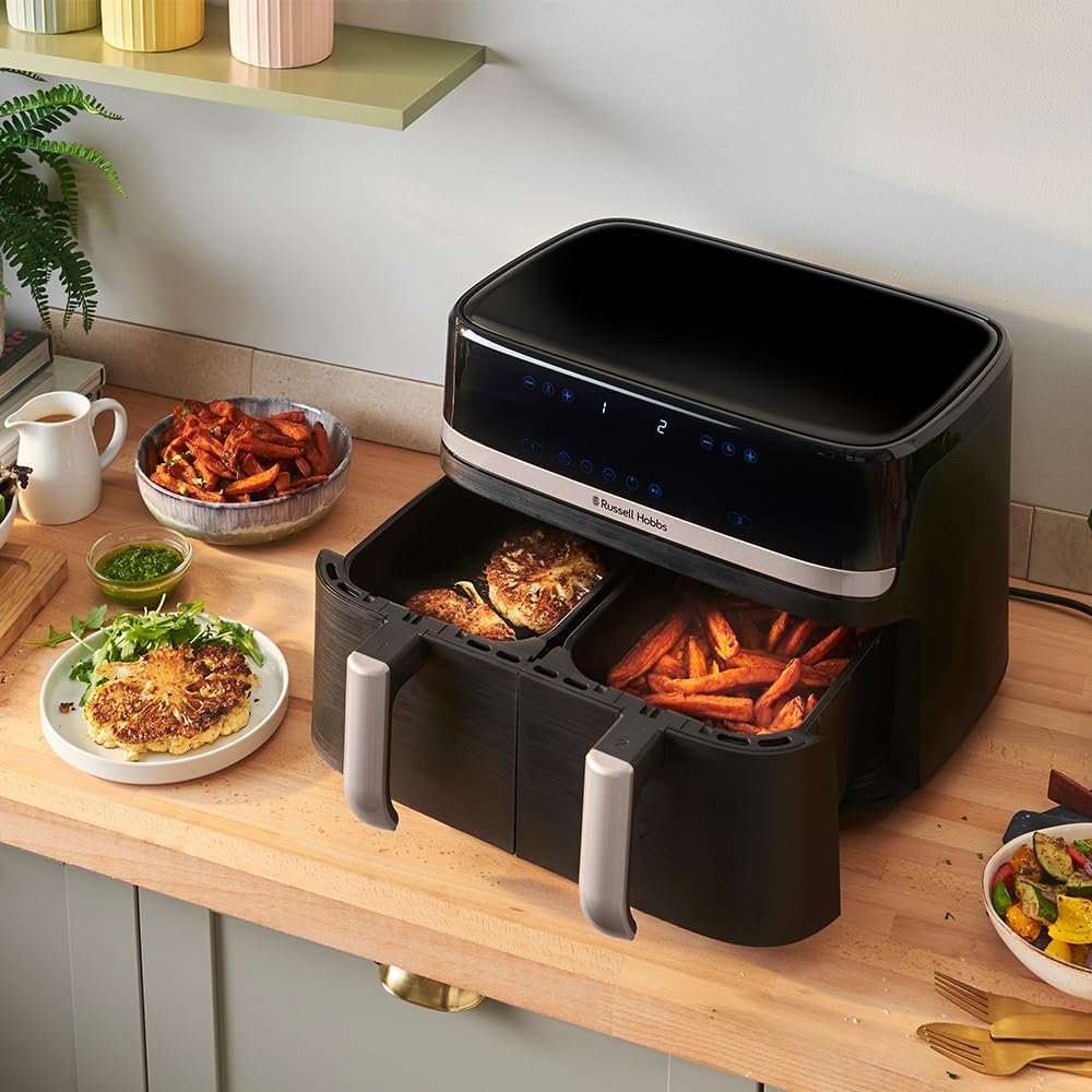 Russell Hobbs Frytkownica beztłuszczowa 9L Air Fryer [dwie komory/strefy, 9 programów] Satisfry (szuflady można myć w zmywarce, maks. 200℃, niski poziom hałasu, pieczenie bez oleju, 2800W) 27681-56