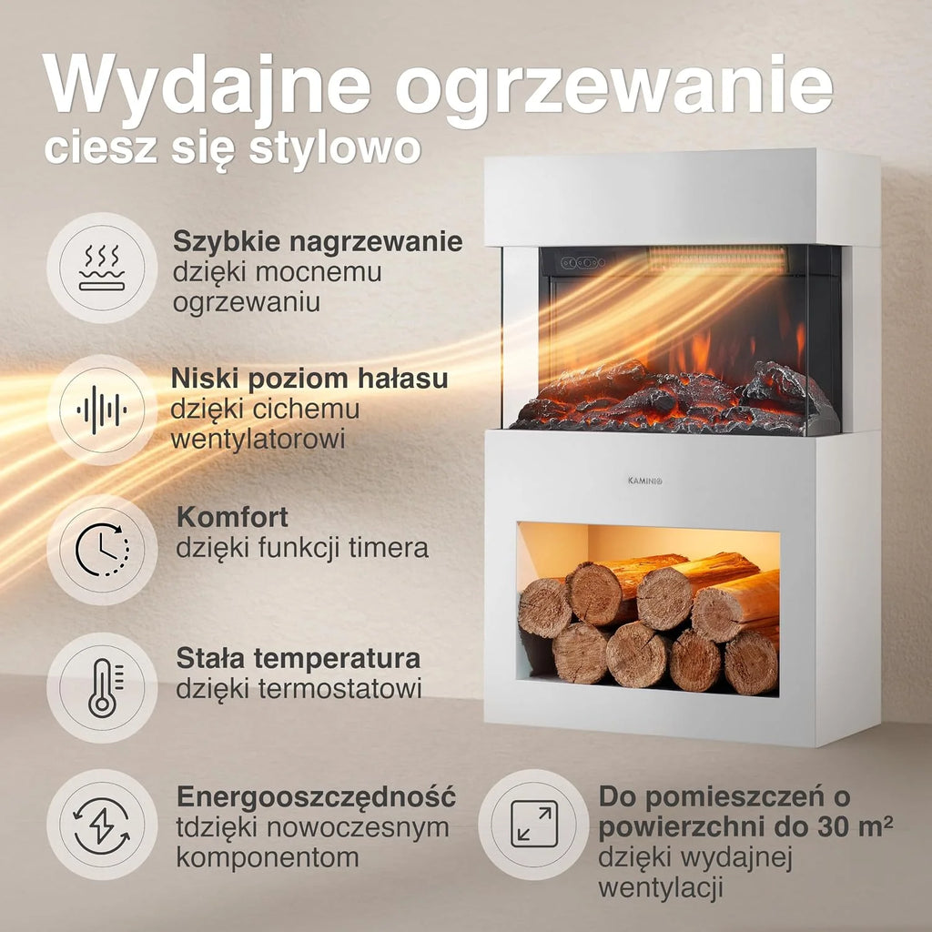 KAMINIO Kominek elektryczny HENRI - Elektryczny piec kominkowy z ogrzewaniem, efektem 3D płomieni, schowkiem na drewno (Biały)