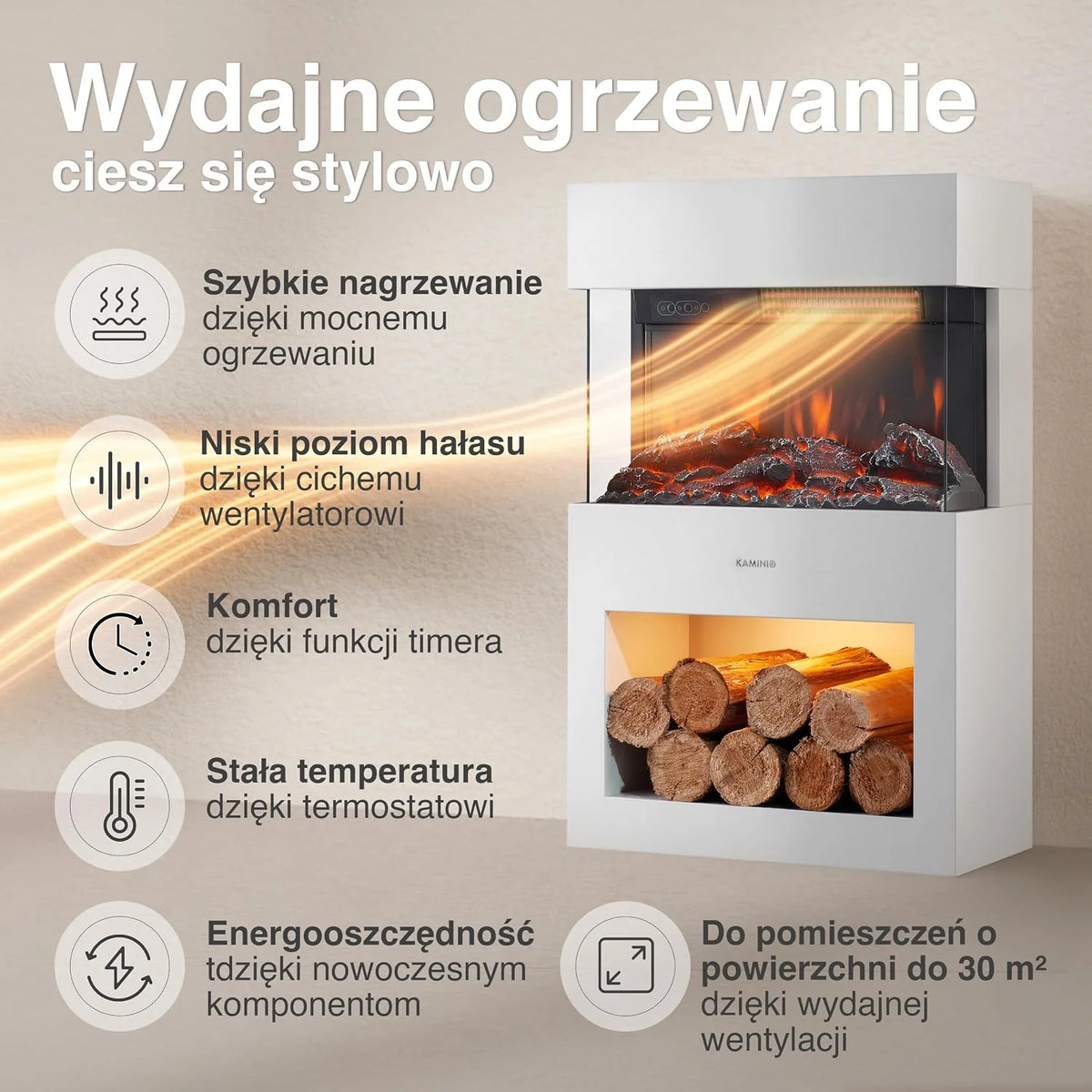 KAMINIO Kominek elektryczny HENRI - Elektryczny piec kominkowy z ogrzewaniem, efektem 3D płomieni, schowkiem na drewno (Biały)