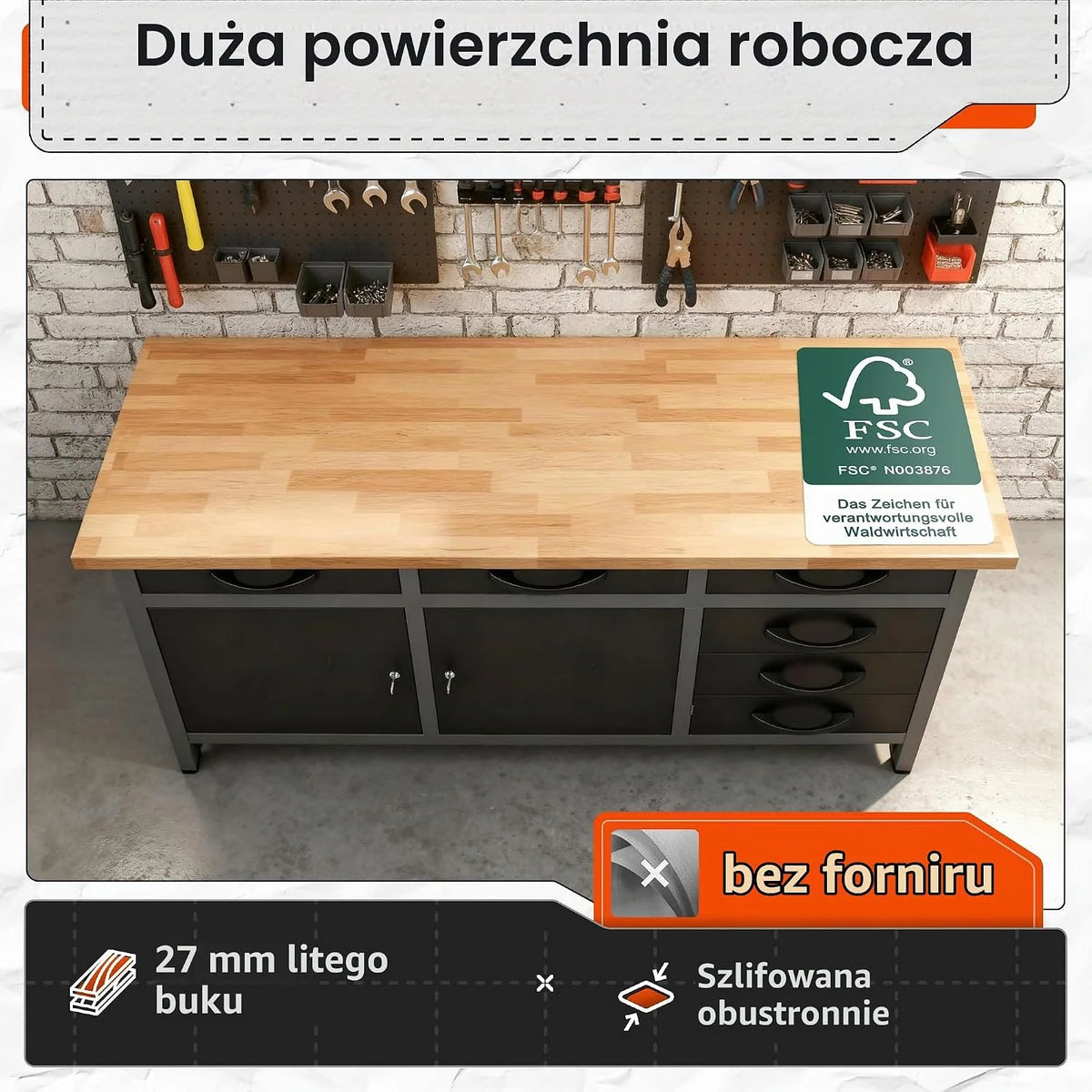 Ondis24 Stół warsztatowy Karsten stół warsztatowy, stół do pakowania, 6 szuflad, wyposażenie warsztatowe, 160 x 60 x 85 (wys.) cm, blat roboczy z drewna bukowego, obciążenie do 510 kg