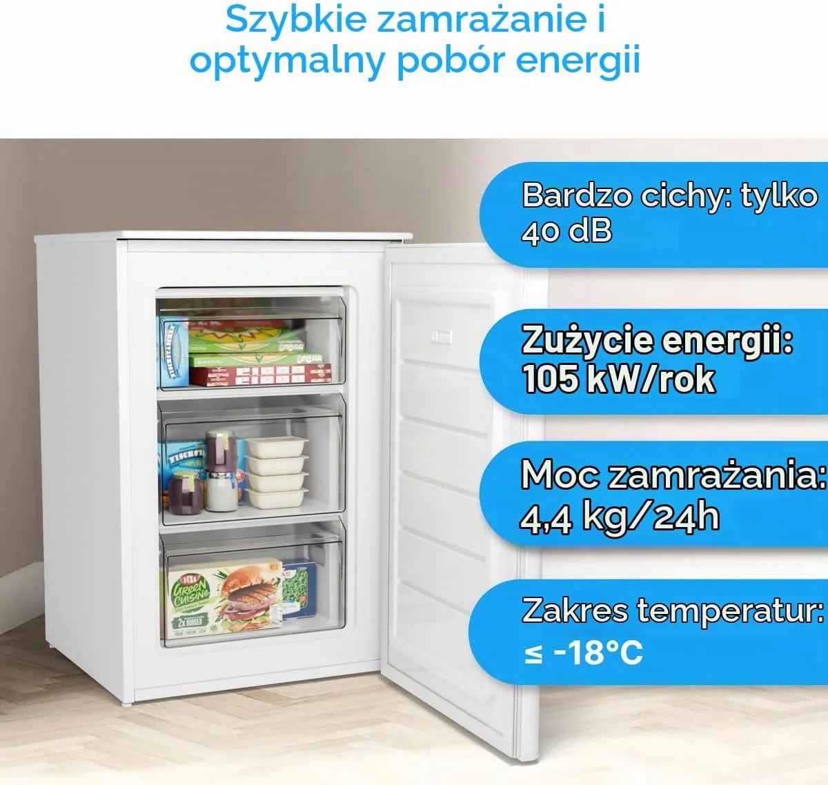 Bomann, Zamrażarka 87L GS7253-Biała 4 gwiazdki, Progresywna kontrola temperatury, 3 szuflady, Tacka na kostki lodu, Dwustronna, Klasa N/ST/T, Idealna do mięs i warzyw, Poziom hałasu 40 dB