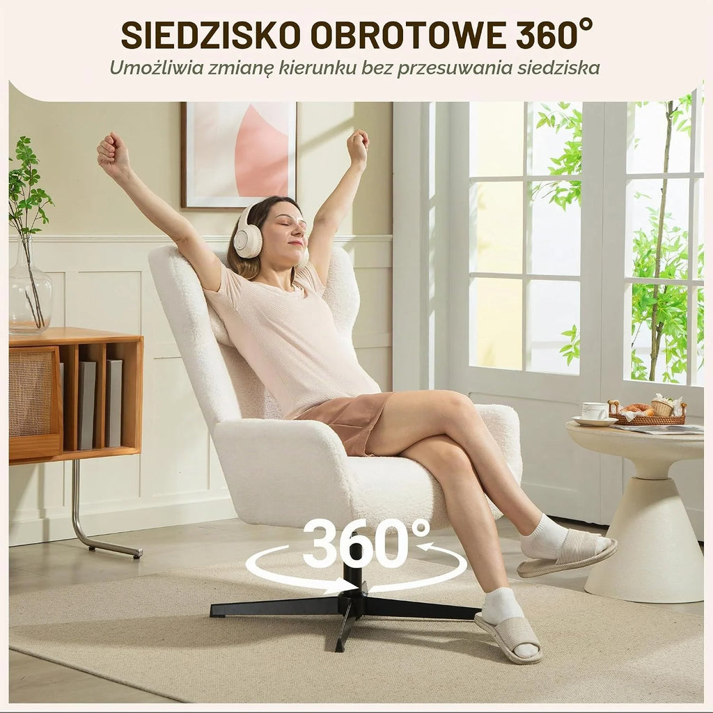 HOMCOM Fotel z uszami, obrotowy, z metalowymi nogami, do salonu, kremowy