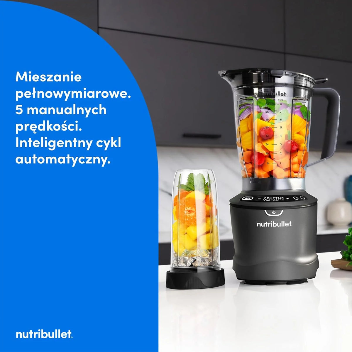 Nutribullet SmartSense Blender Combo NBF550DG z 5 zmiennymi prędkościami, funkcją pulsu, kubek 946 ml i 710 ml z uchwytem, inteligentny cykl automatyczny, pokrywa To-Go, 1500 W, czarny