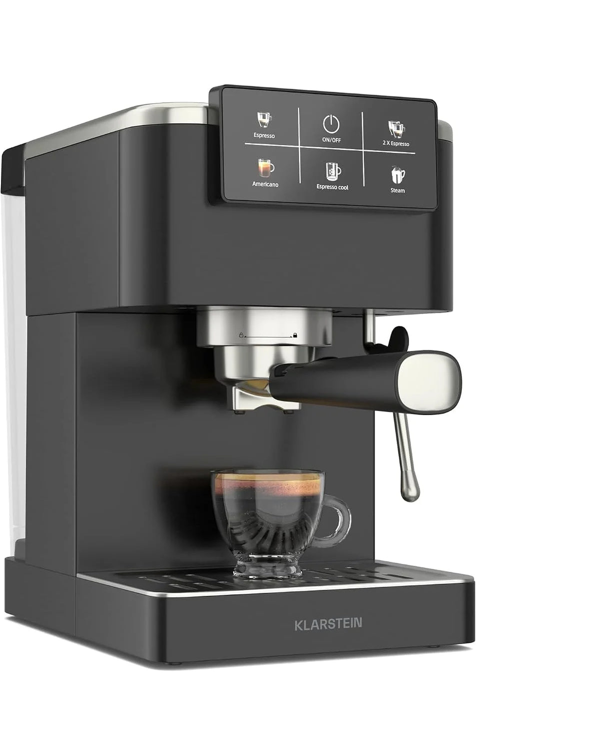 Klarstein SteelPresso Touch Ekspres kolbowy – 20 barów, 1350 W, Stal nierdzewna, Zbiornik 1,5 l, Wyświetlacz dotykowy, Zintegrowany spieniacz do mleka, Kompaktowy design, Ekspres do kawy