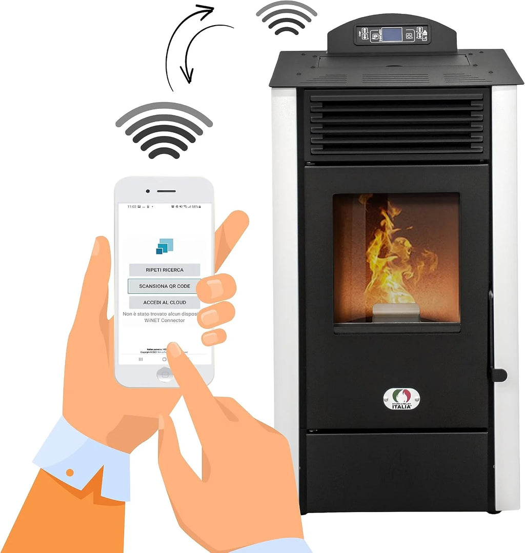 STUFE A PELLET ITALIA California 10 KW WiFi | Piecyki na pellet 90% wydajności Ogrzewa 80m² Autonomia 20 godz. Programowalne sterowanie WiFi 5 prędkości i mocy Kompaktowa konstrukcja 24M