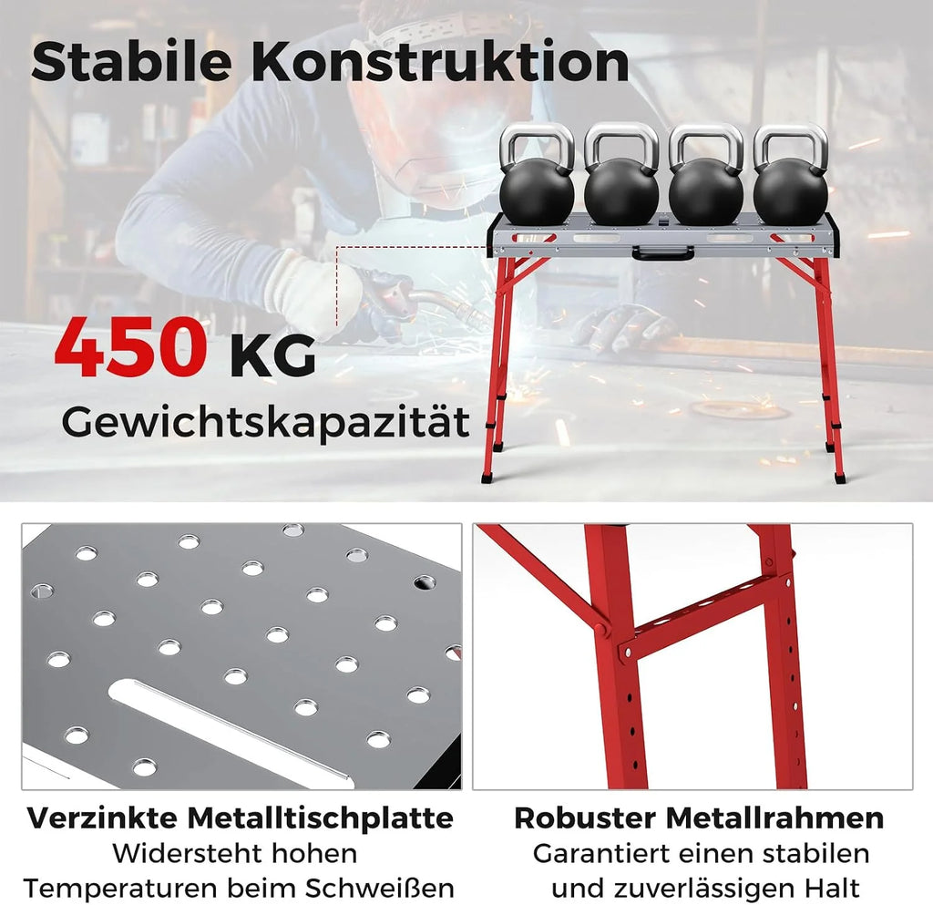 COSTWAY stół warsztatowy składany, stół roboczy z regulacją wysokości 107 x 53 cm z udźwigiem 450 kg, stół spawalniczy warsztatowy z 2 uchwytami zaciskowymi i uchwytem transportowym, stół narzędziowy