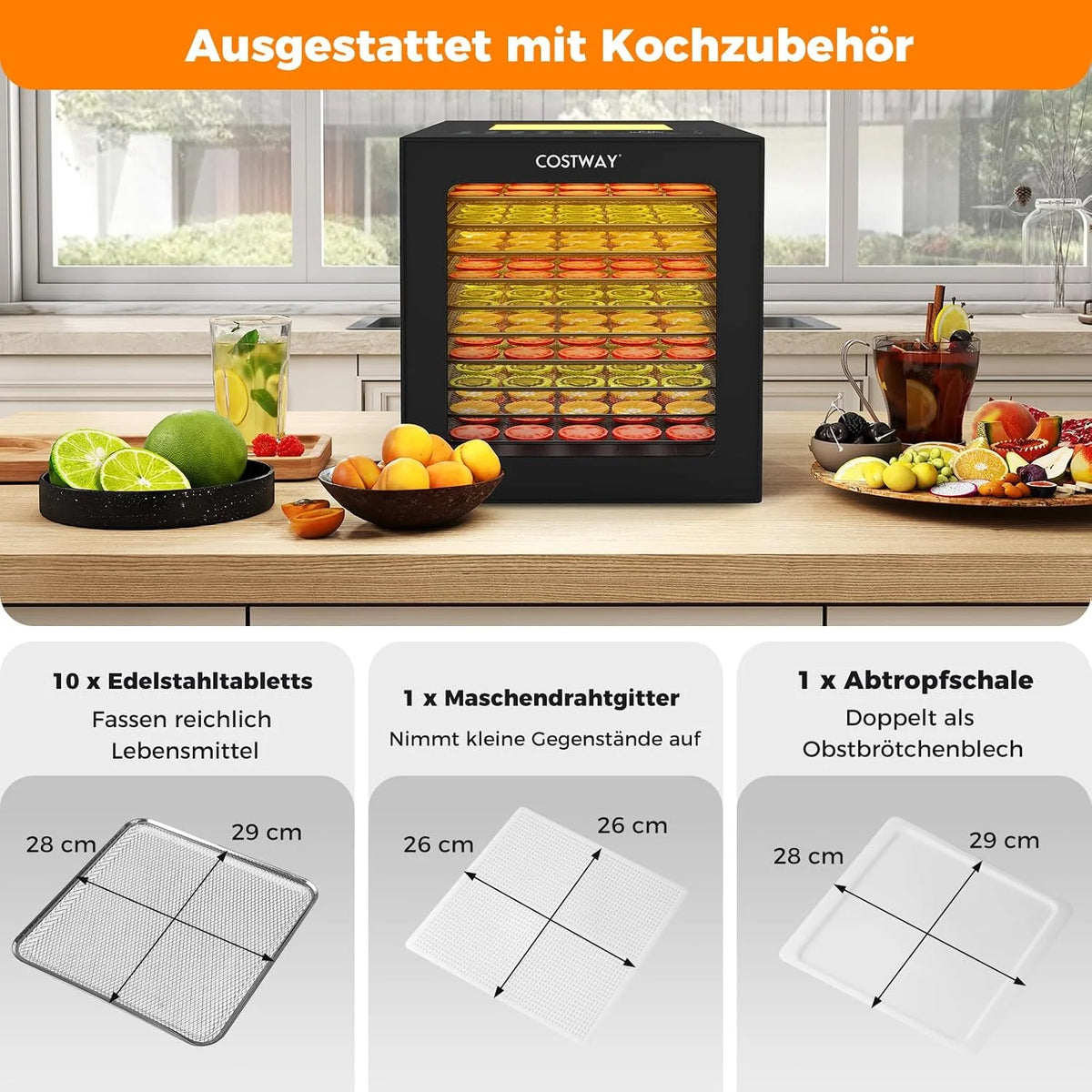 COSTWAY 850 W suszarka do żywności z 10 stalowymi miseczkami, suszarka z 10 wstępnie ustawionymi programami, 48-godzinnym timerem i temperaturą 30-75 °C, suszarka do żywności do owoców, warzyw, mięsa