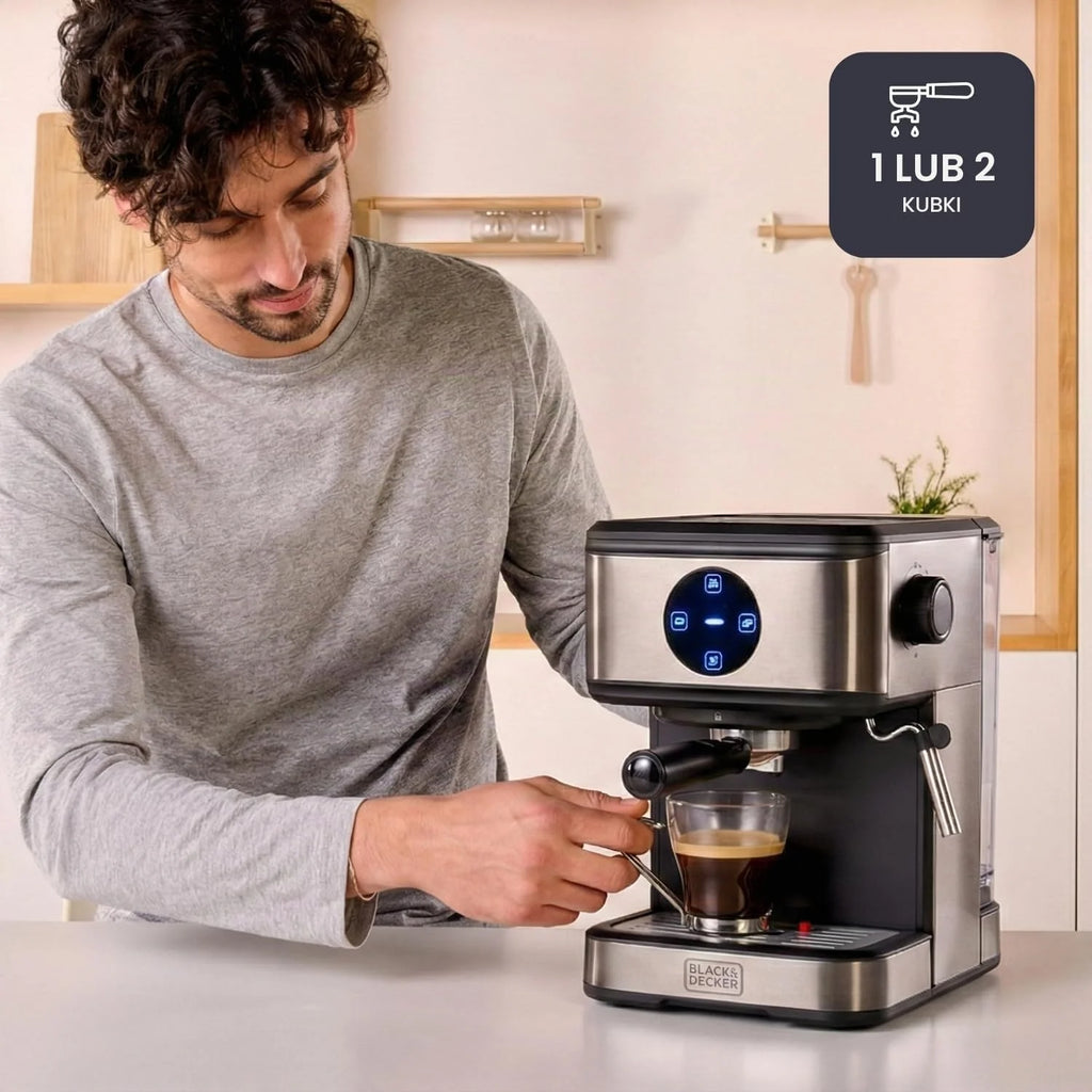 BLACK+DECKER BXCO850E - Ekspres do kawy espresso 850W, 20 barów, 2 filiżanki, funkcja pary, automatyczne wyłączanie, programowalna ilość, system ekstra kremowy, zbiornik 1,5 l, wykończenie