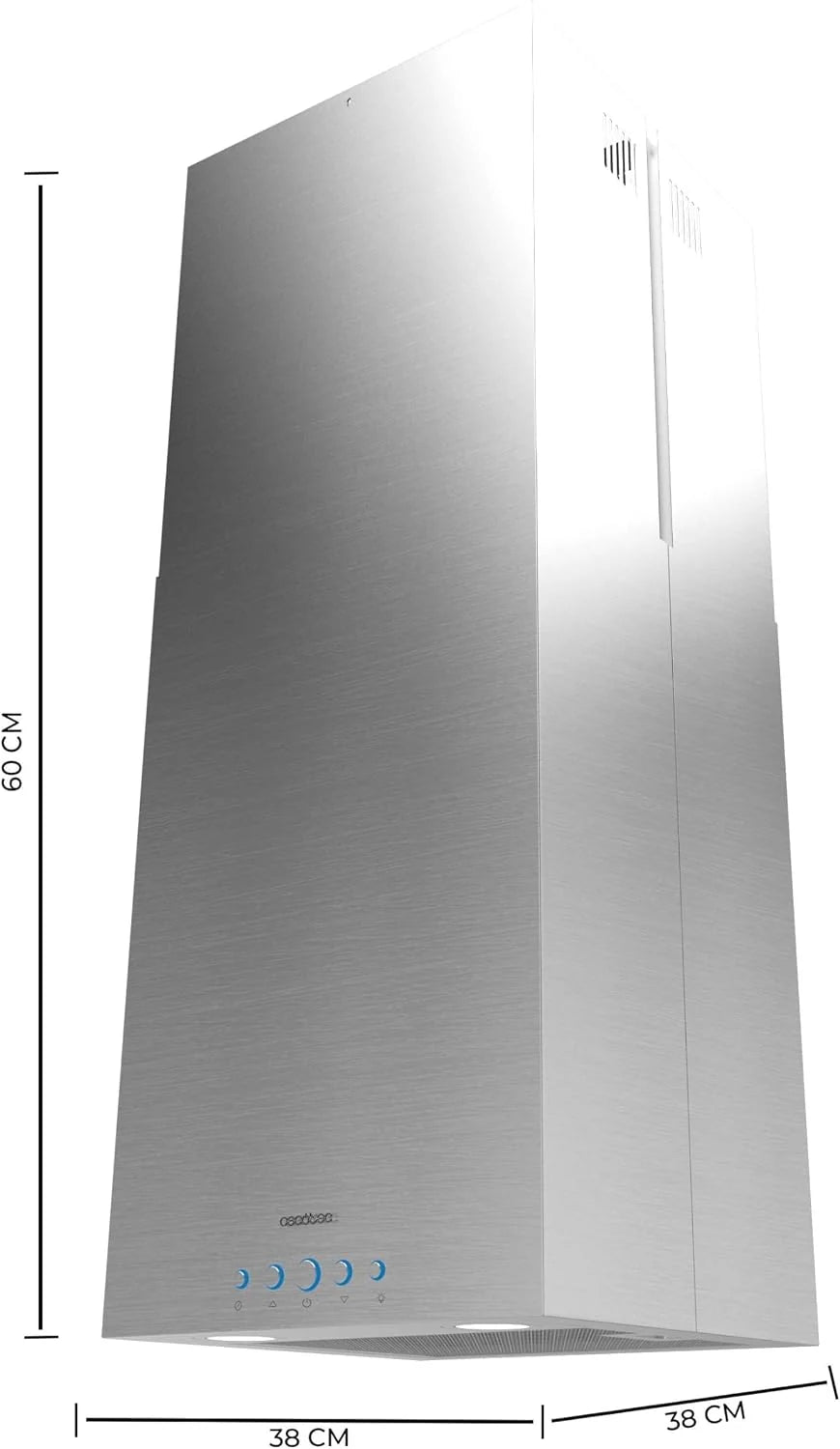Cecotec Okap kuchenny 38 cm kwadratowa wyspa Bolero Flux ICT 388000 stal nierdzewna A++. Wykończenie ze stali nierdzewnej, ssanie 800m3/h, silnik 210 W, klasa A++, 3 poziomy, filtr węglowy Ø176,