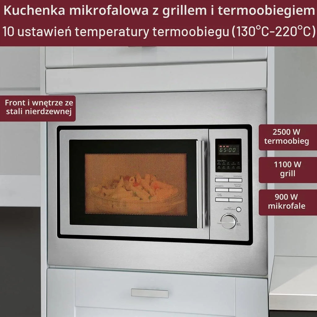 Bomann MWG 2216 H EB kuchenka mikrofalowa do zabudowy z grillem i gorącym powietrzem / 25 litrów / 5 poziomów mocy kuchenki mikrofalowej / 10 programów automatycznych / 2 programy rozmrażania / 1 program szybkiego startu