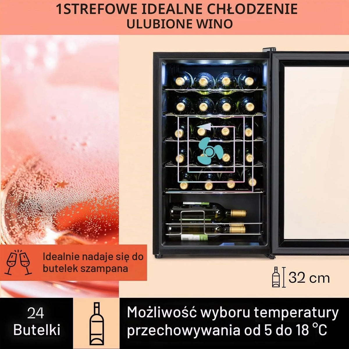 Klarstein Shiraz, chłodziarka do wina - mini lodówka, lodówka do wina, winiarka, kompaktowa chłodziarka na wino, przejrzysty dotykowy panel, led oświetlenie wnętrza, kolor czarny, wariant: 67l, 20 butelek