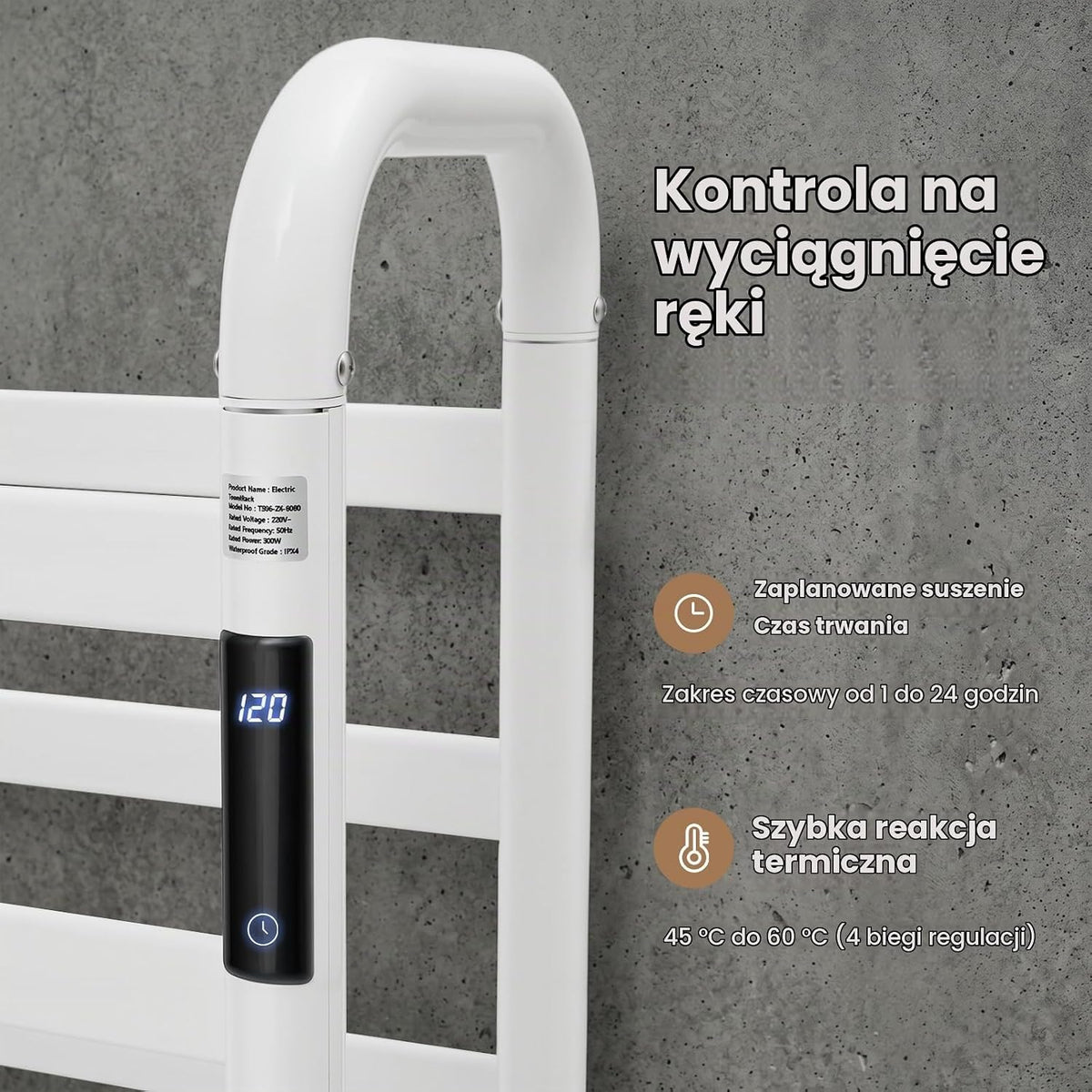 Elektryczny grzejnik na ręczniki, wieszak na ręczniki, bez wiercenia, timer 1-24 h, 45-60 °C, 180 W, biały, dwupoziomowy, wolnostojący ogrzewacz na ręczniki do łazienki do 30 kg, 60 x 43 x 90,5