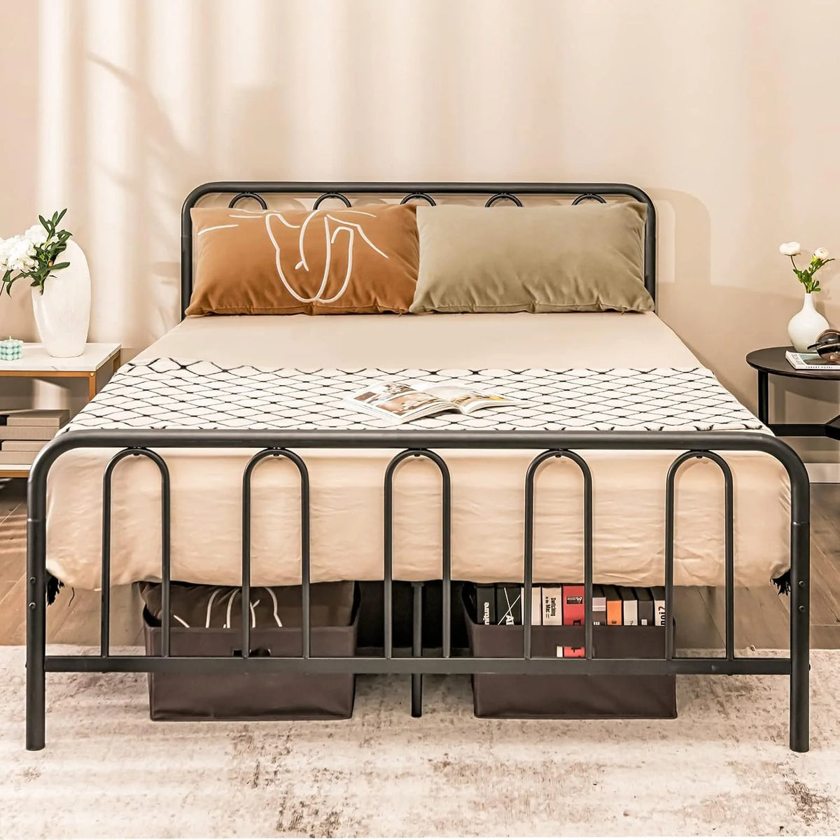 COSTWAY Metalowa rama łóżka, na materac 200 x 160 cm, rama łóżka podwójnego, ze stelażem, z miejscem do przechowywania pod łóżkiem, metalowe łóżko dla gości