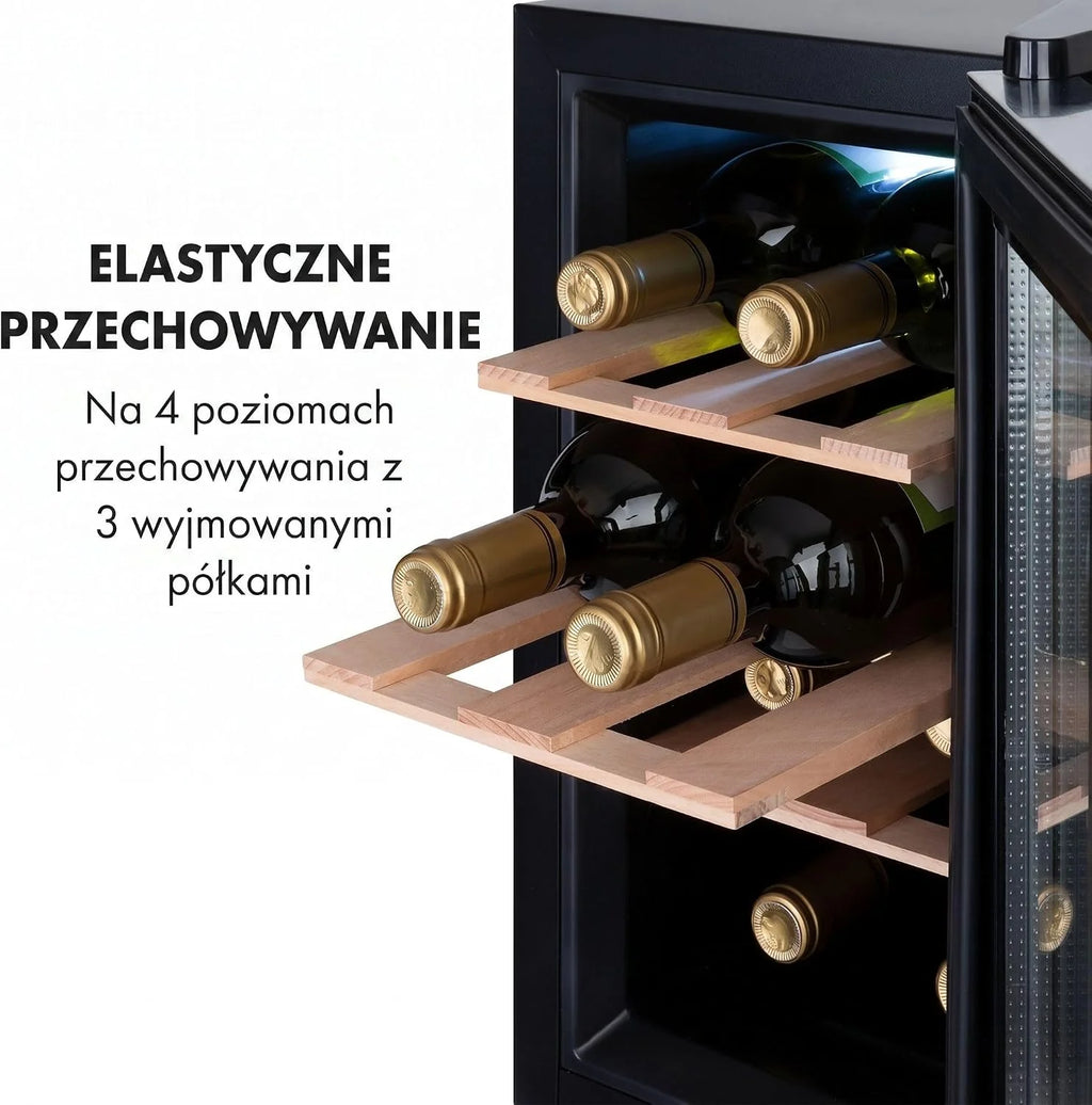 Klarstein Chłodziarka do wina, Wąska lodówka na napoje, 1 strefa, lodówka ze szklanymi drzwiami, Zewnętrzne lodówki wolnostojące, Mała chłodziarka do wina, z ochroną UV, 11-18°C, 6 butelek