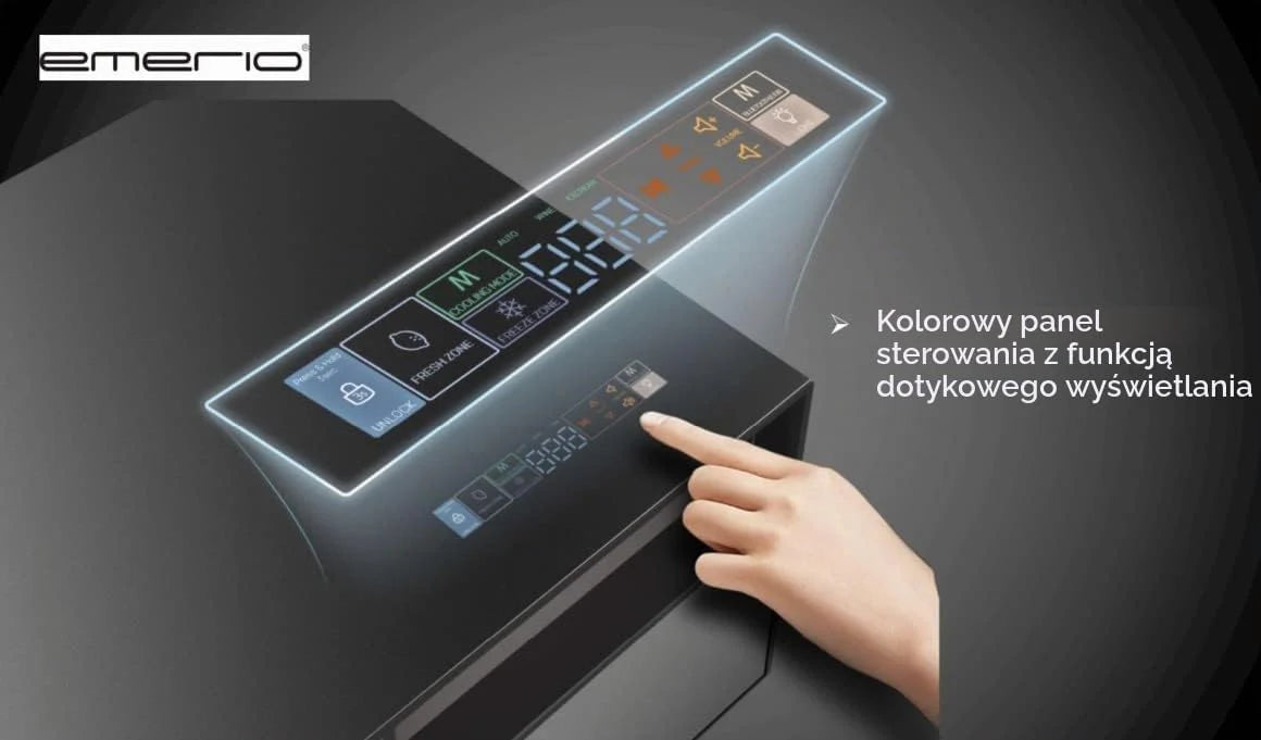 Emerio MusicFridge – połączenie chłodziarki do napojów (68 l) z zamrażarką (14 l), soundbar i stołem lounge, Bluetooth, 2 x USB, 1 x USB-C, dźwięczny dźwięk, przyciski czujników, powierzchnia z