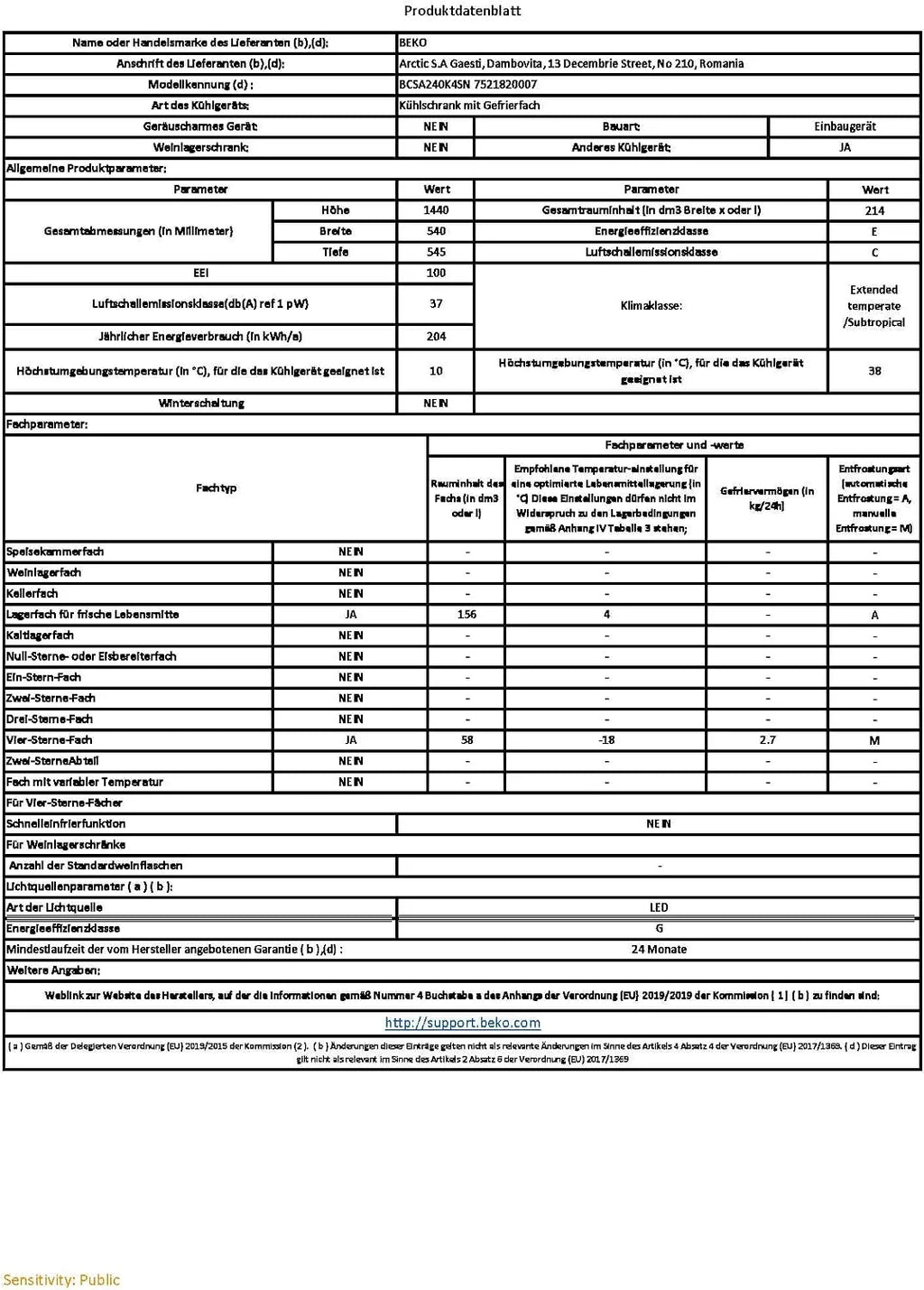 Beko BCSA240K4SN b100 lodówko-zamrażarka, pojemność użytkowa 214 l, chłodzenie 156 l, zamrażanie 58 l, wnęka 145, technologia drzwi holowanych, sprężarka ProSmart Inverter, 37 dB, urządzenie do