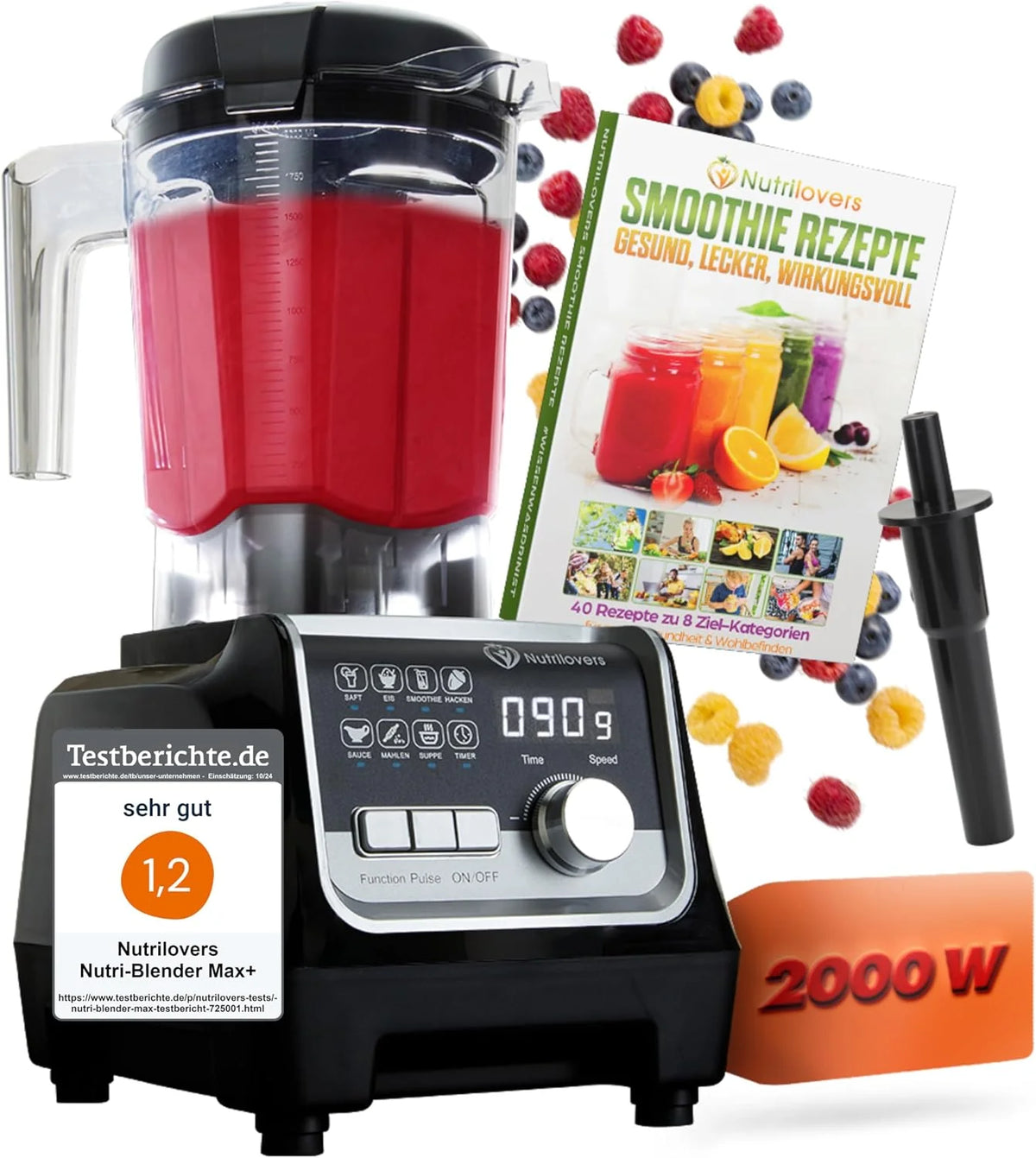 NUTRI-BLENDER MAX+ wysokowydajny blender 2000 W, profesjonalny - 2 l, Tritan, nie zawiera BPA, 9 poziomów, cyfrowy minutnik z książką z przepisami