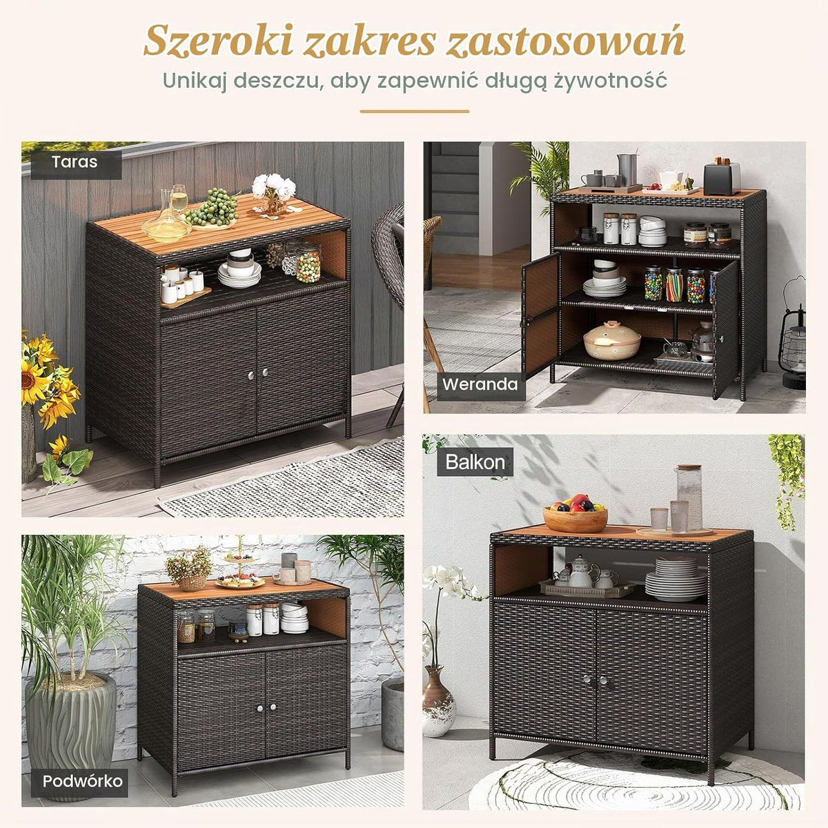 COSTWAY Szafka ogrodowa, rattanowa, szafka tarasowa z blatem roboczym z drewna akacjowego, otwartą półką i podwójnymi drzwiami, szafka do przechowywania na zewnątrz, do ogrodu, na taras, 90 x 53 x 86