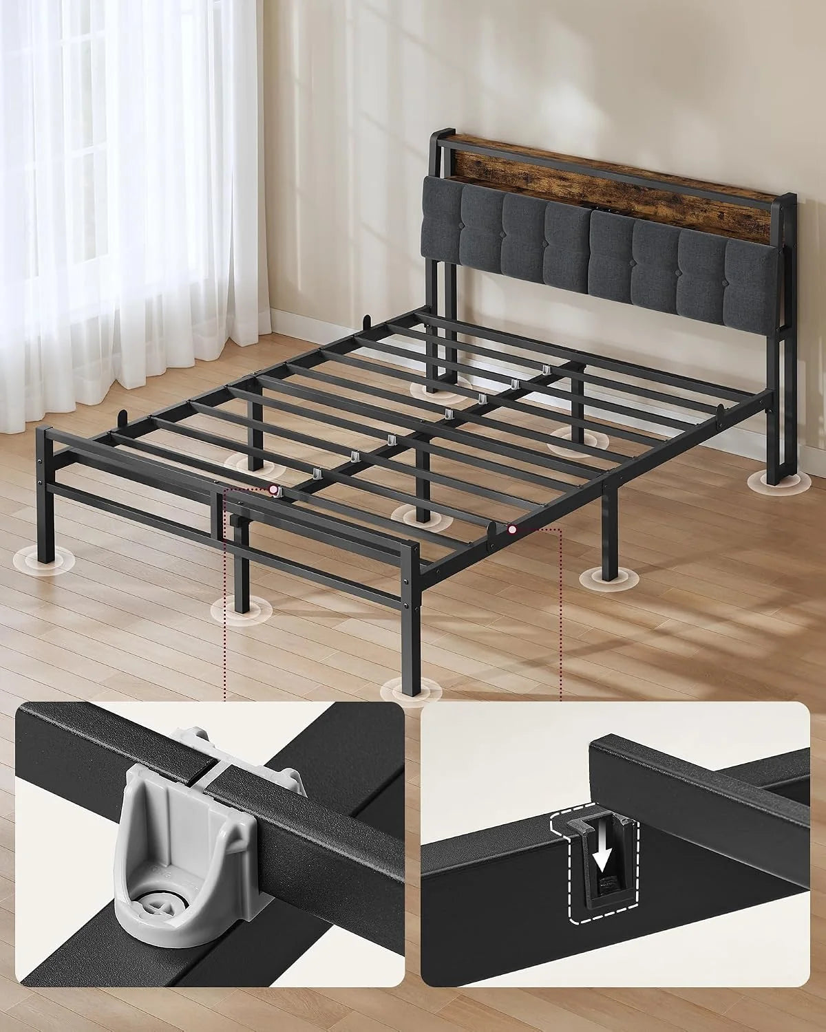 VASAGLE Rama Łóżka z Tapicerowanym Zagłówkiem, Oświetlenie LED, Porty USB
