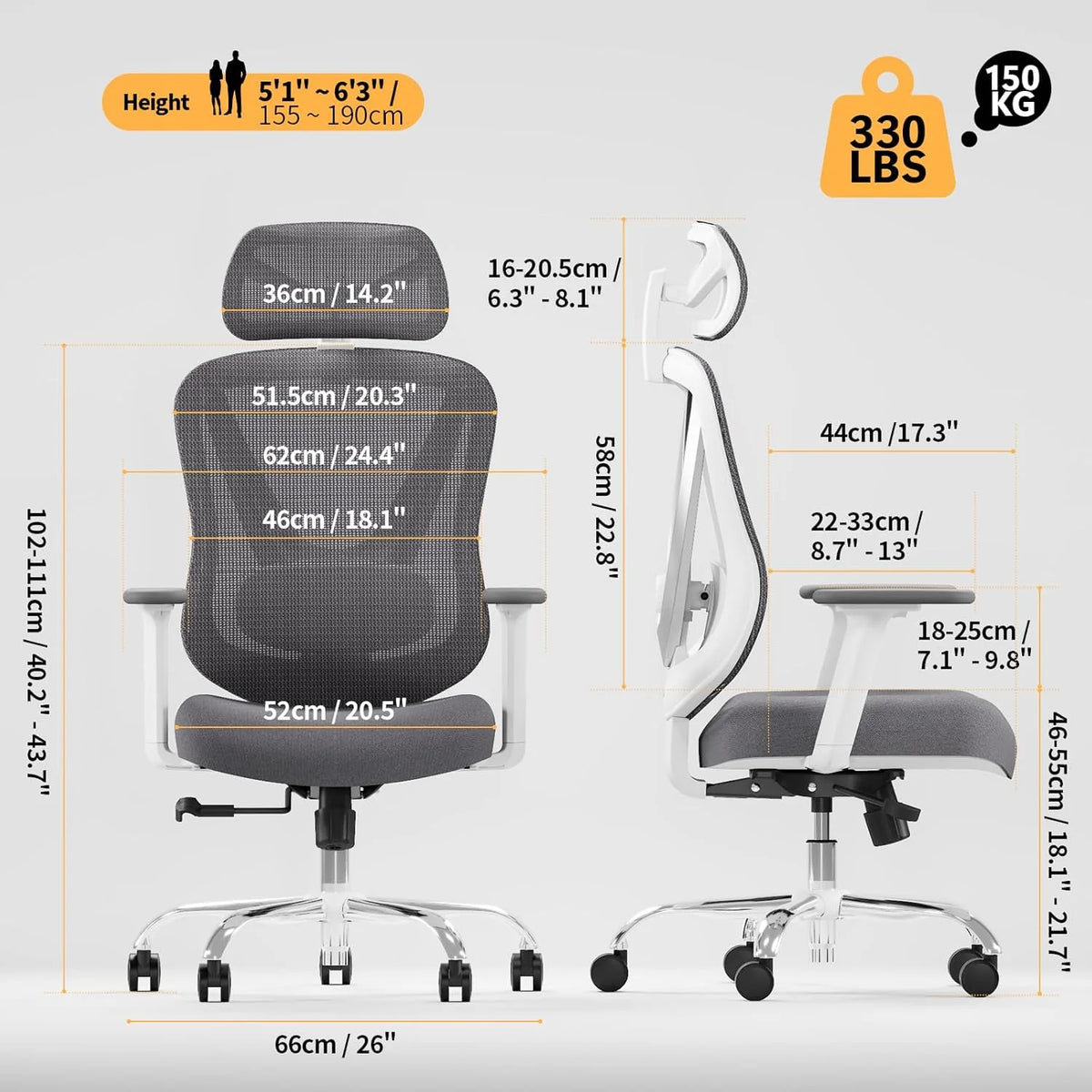 HOLLUDLE Ergonomiczne Krzesło Biurowe z Podparciem Lędźwiowym 3D & Podłokietnikami 3D | V-Kształt Design | Do Biura, Domu, Gamingu | Białe