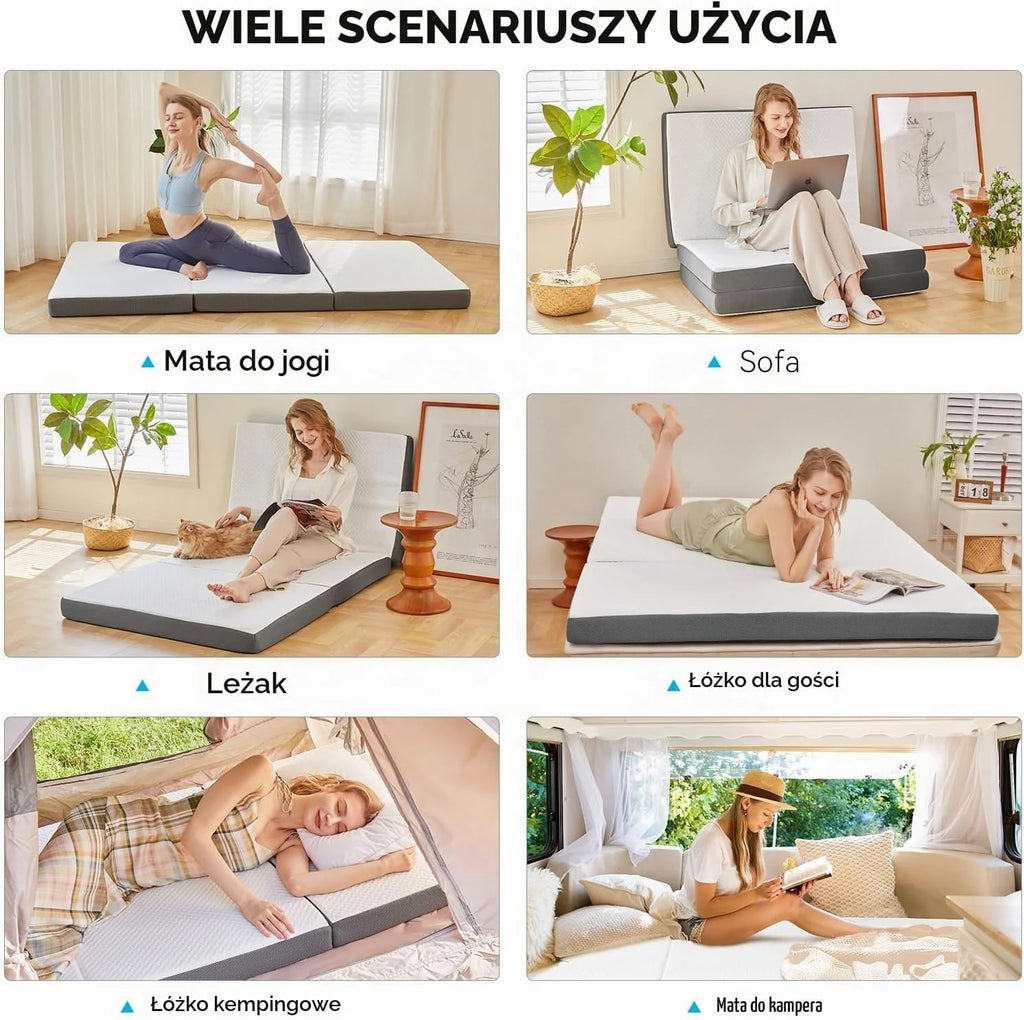 Składany Materac 140 x 200 x 10 cm - 3-Częściowy, Kempingowy, Dla Gości, Podłogowy, Polowy
