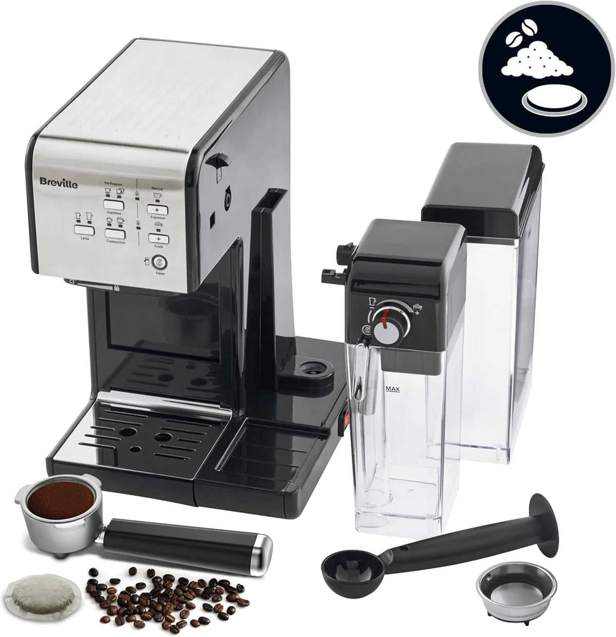 Breville Ekspres do kawy Kolbowy PrimaLatte II VCF108X, 19 Bar, Zintegrowany automatyczny spieniacz do mleka, wyjmowany pojemnik na mleko, Srebrny