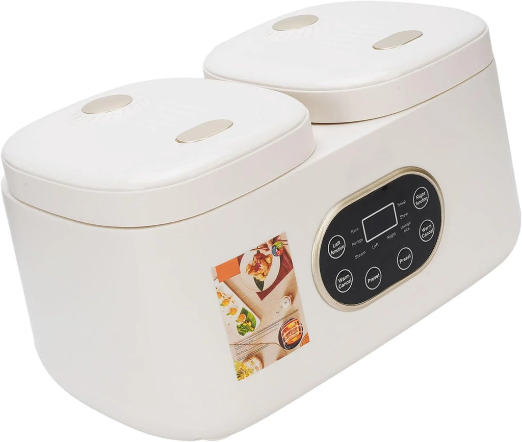 Cocoarm Podwójna Wolnowarowa Kuchenka do Gotowania Ryżu z 2 Wyjmowanymi Garnkami Ceramicznymi 2 L i L Wysuwanymi Pokrywkami Timer Utrzymujący Ciepło Wielofunkcyjny Serwer w Formie Bufetu na